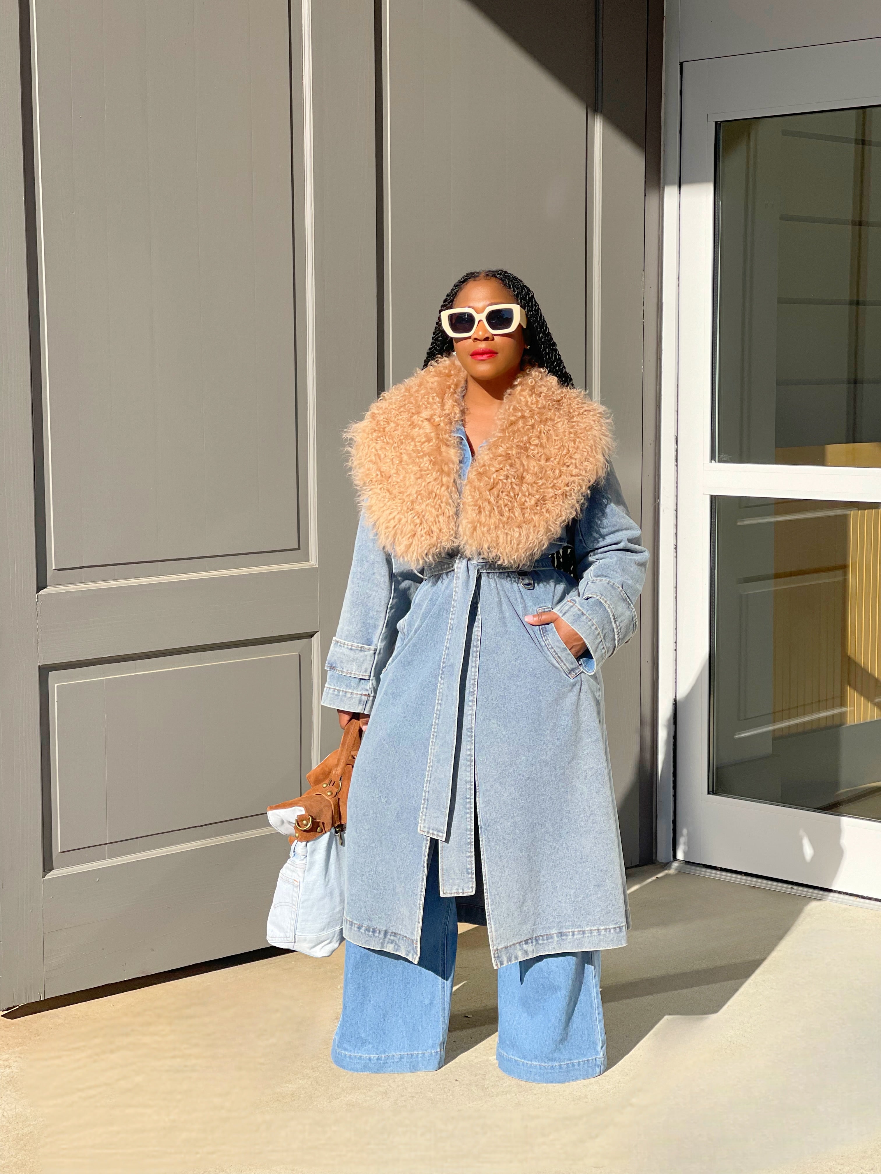 GOLDxTEAL denim trench coat with Mongolian fur collar.