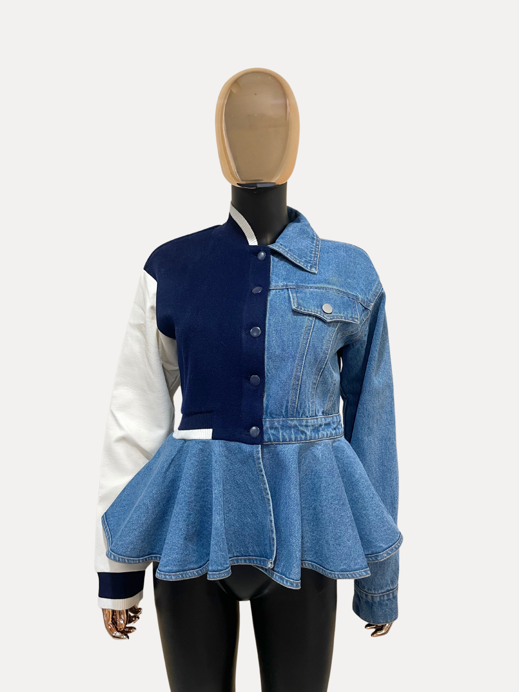 GOLDxTEAL denim paneled peplum jacket.