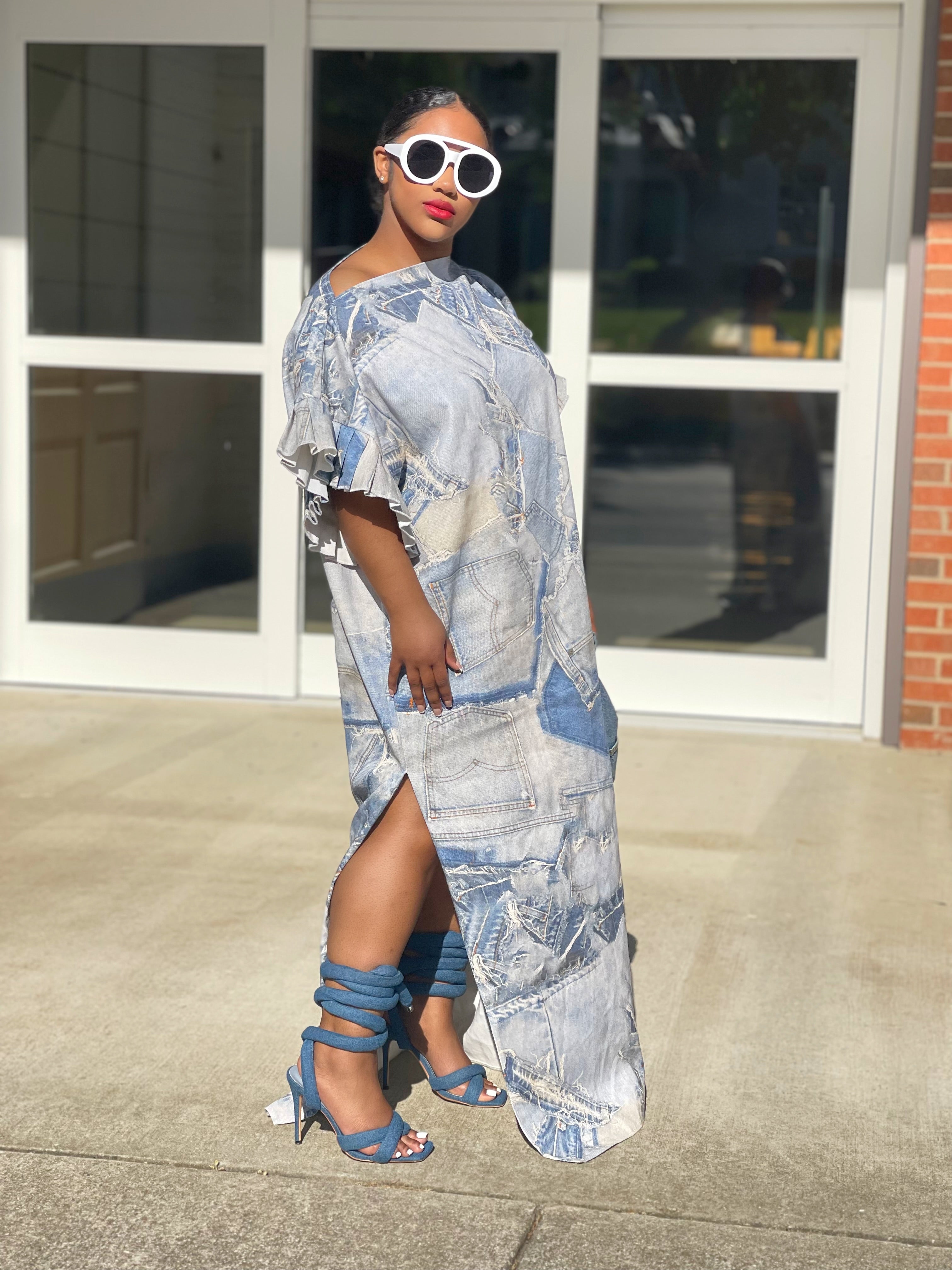 GOLDxTEAL denim printed maxi dress featuring ruffled short sleeves and side slits.