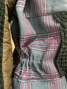 GOLDxTEAL stylish patchwork paneled knitted and padded nylon jacket.