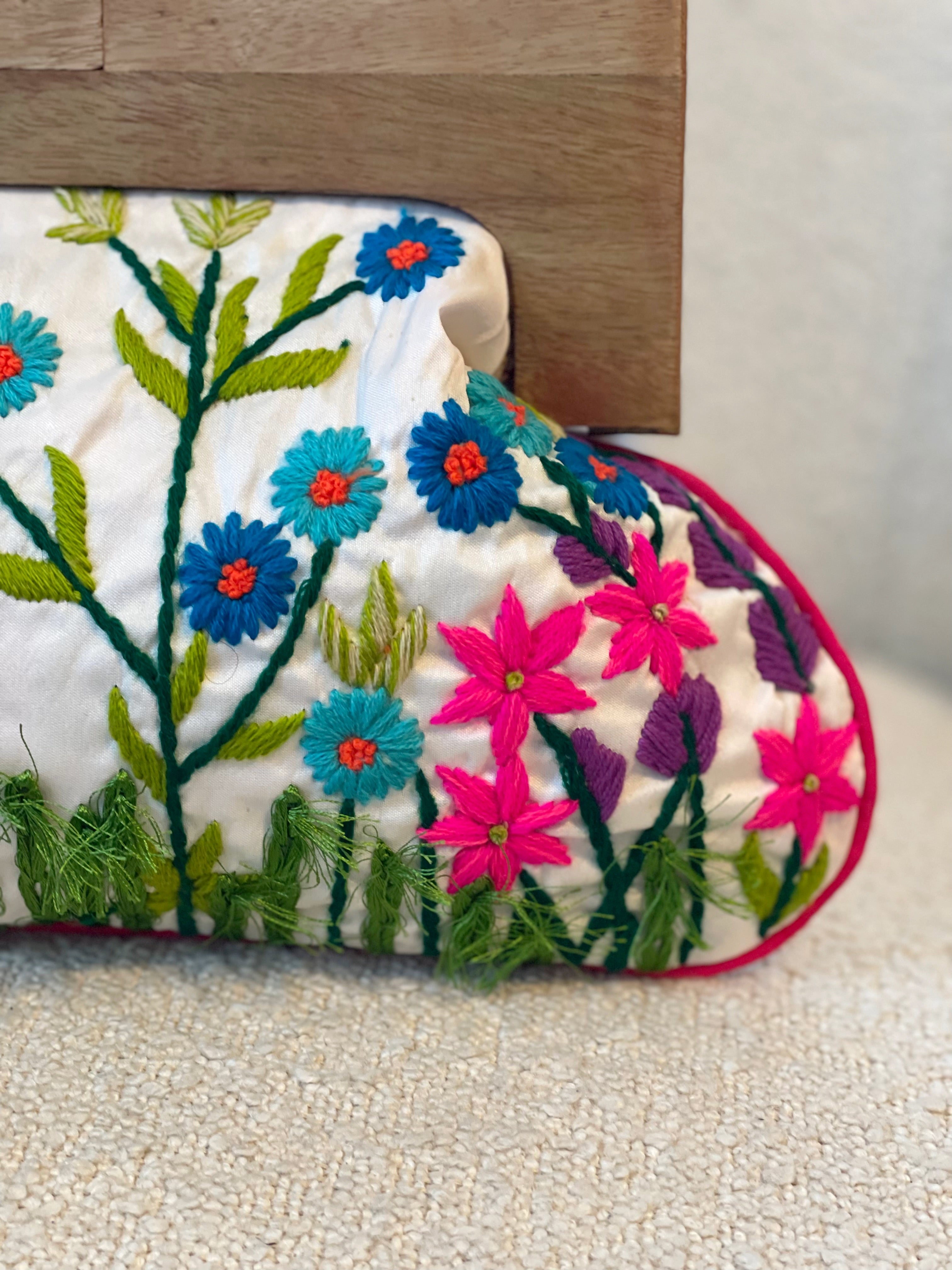 GOLDxTEAL gorgeous colorful embroidered clutch with wooden handle.