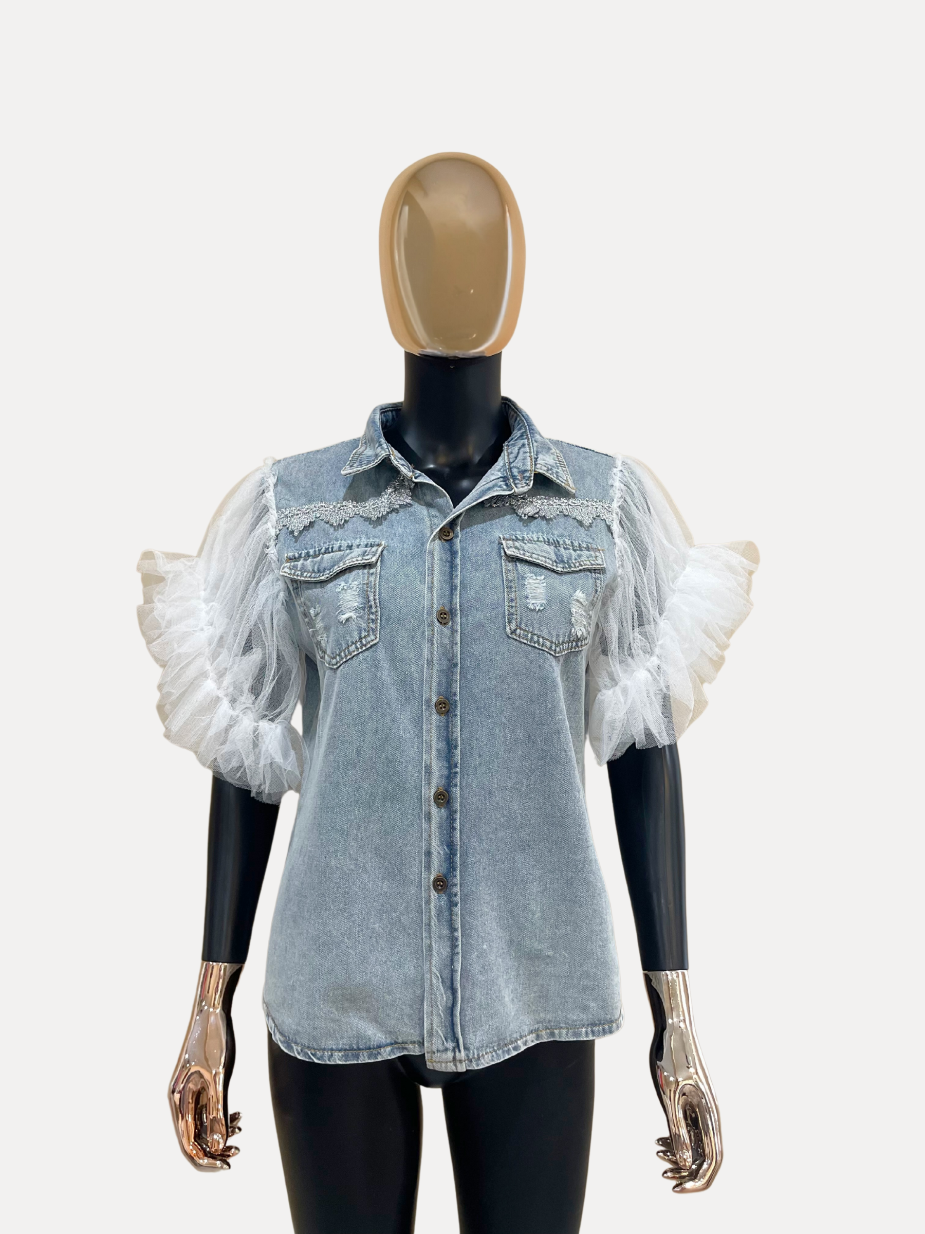 GOLDxTEAL stylish washed denim shirt with ruffle short sleeves.