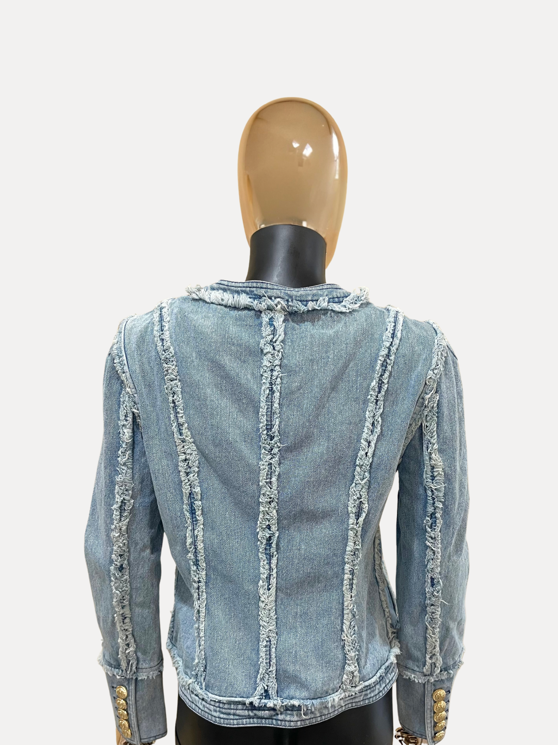 GOLDxTEAL denim blazer top with frayed trimming.