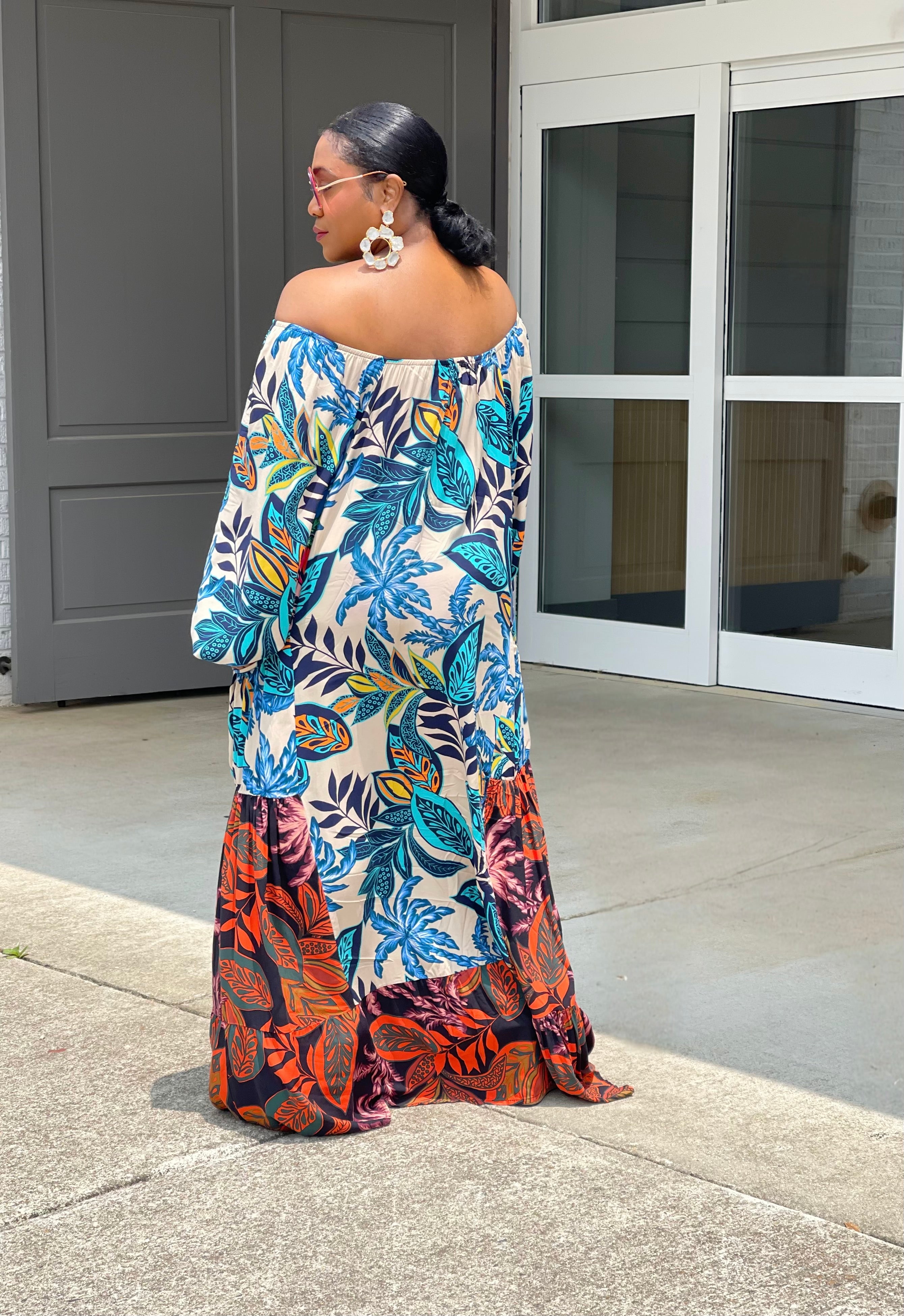 GOLDxTEAL colorful printed paneled maxi dress.