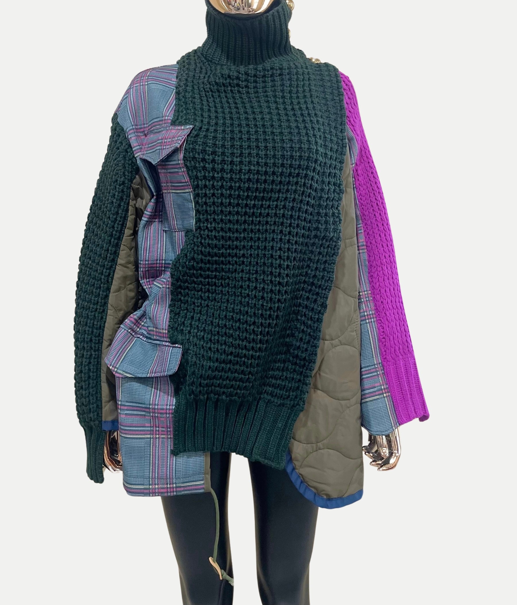 GOLDxTEAL stylish patchwork paneled knitted and padded nylon jacket.