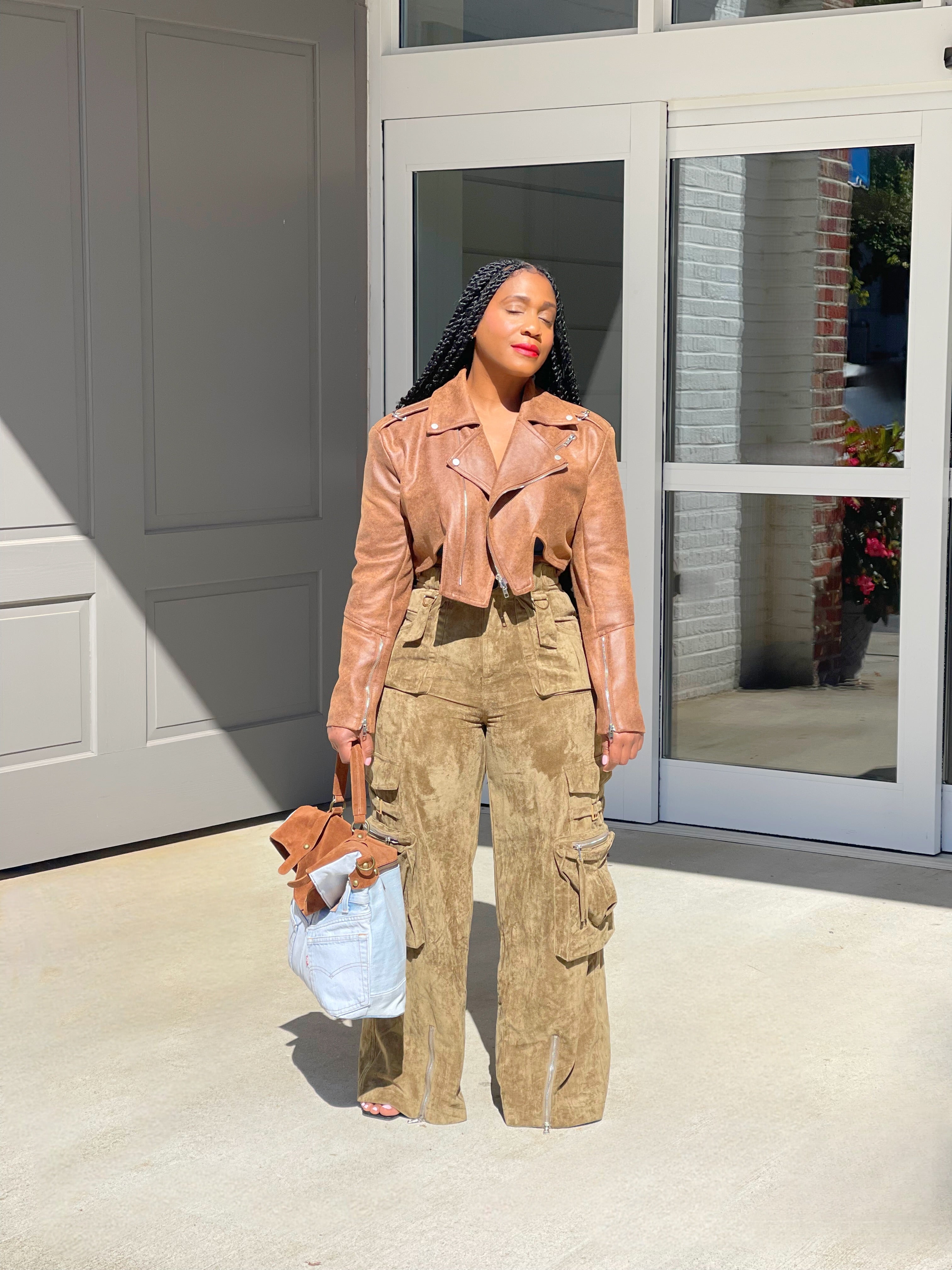 GOLDxTEAL brown vegan suede wide leg cargo pants.