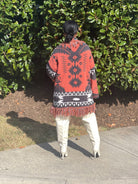 GOLDxTEAL tribal printed fringe cardigan.