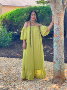 GOLDxTEAL chartreuse off the shoulder maxi dress. Gorgeous green off the shoulder maxi dress with ruffle hemline