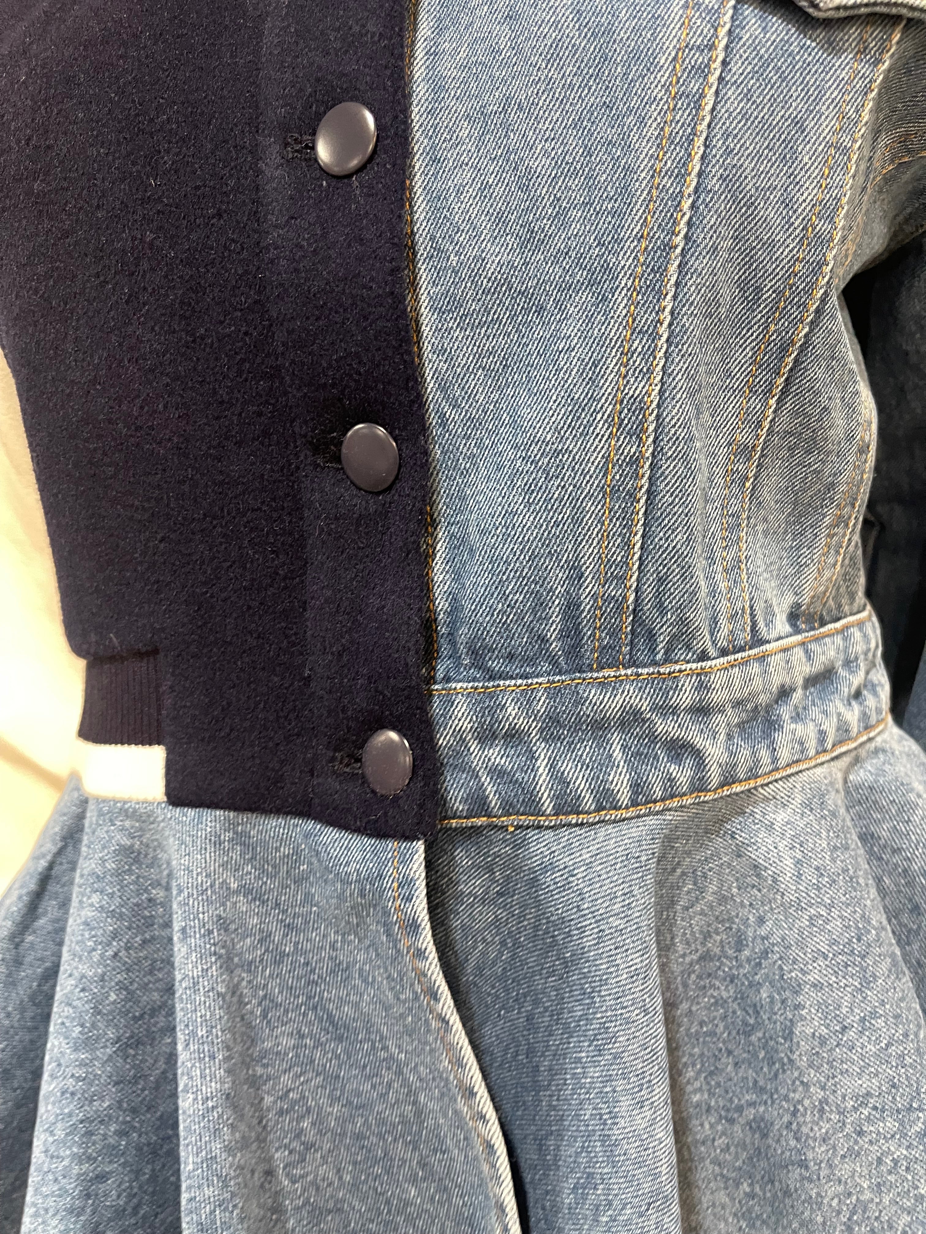 GOLDxTEAL denim paneled peplum jacket.