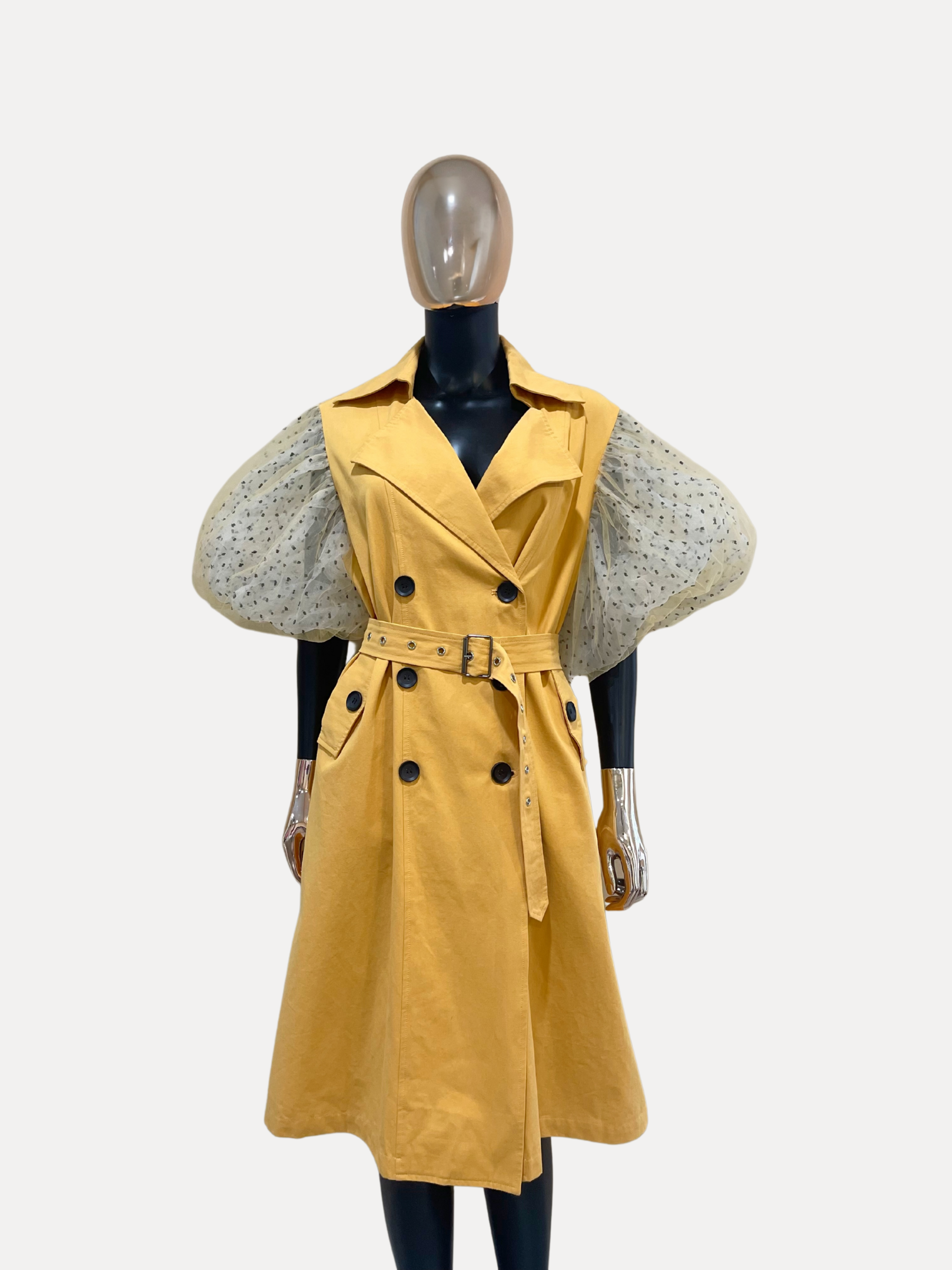 GOLDxTEAL sheer puff sleeve trench coat.