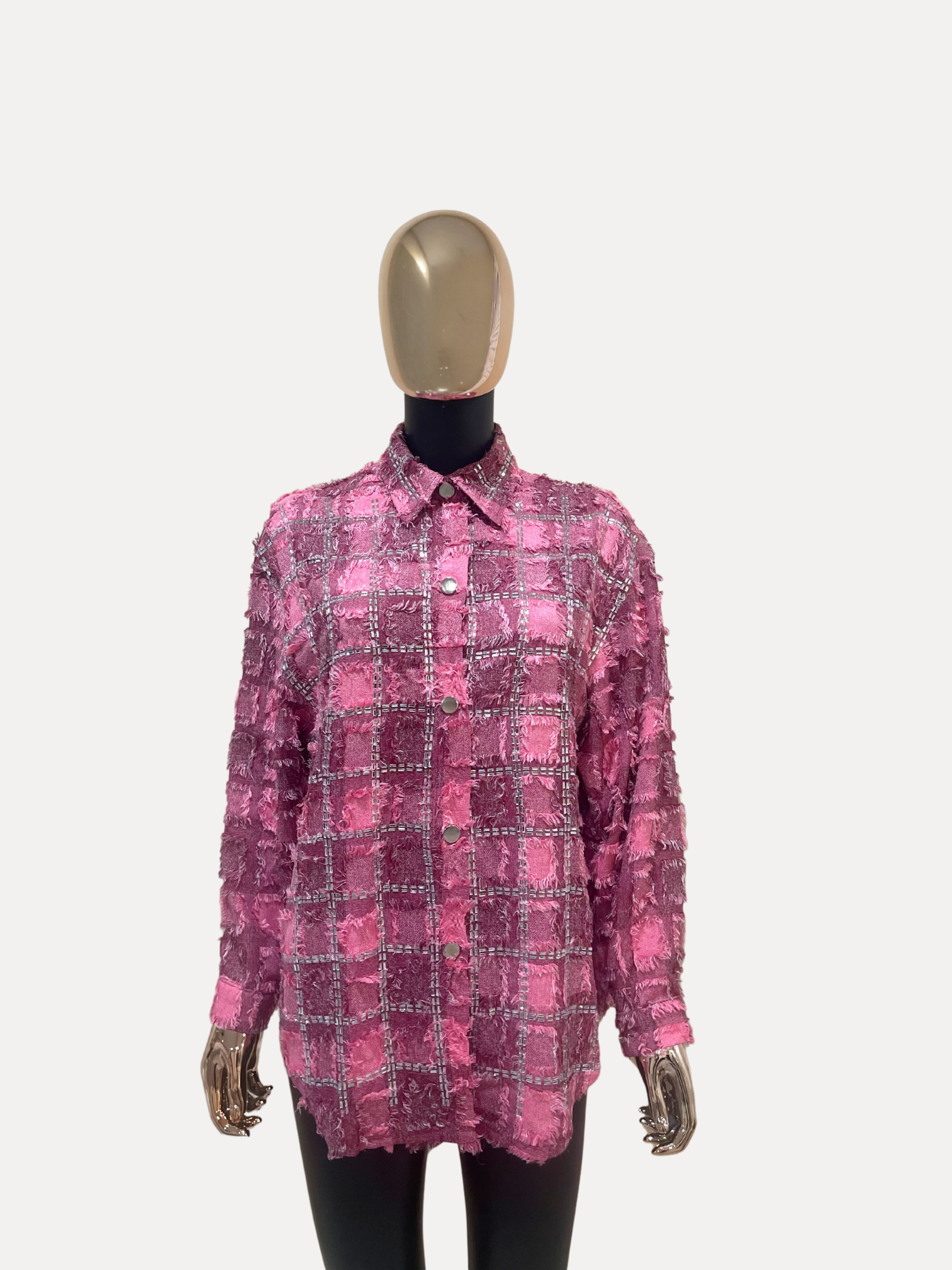 GOLDxTEAL Pink frayed rhinestone shirt.