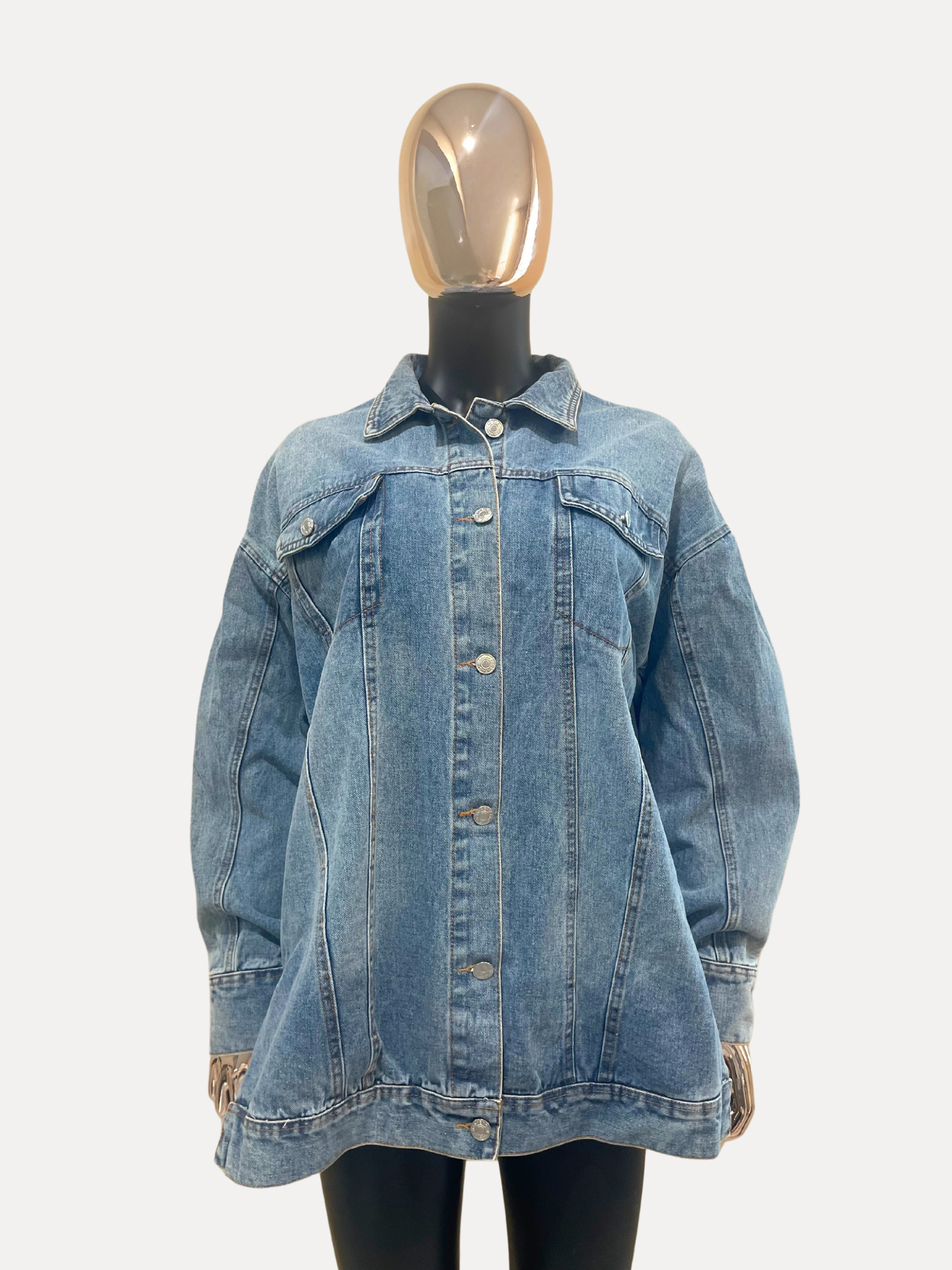 GOLDxTEAL stylish denim jacket with buttons on sleeves and back.