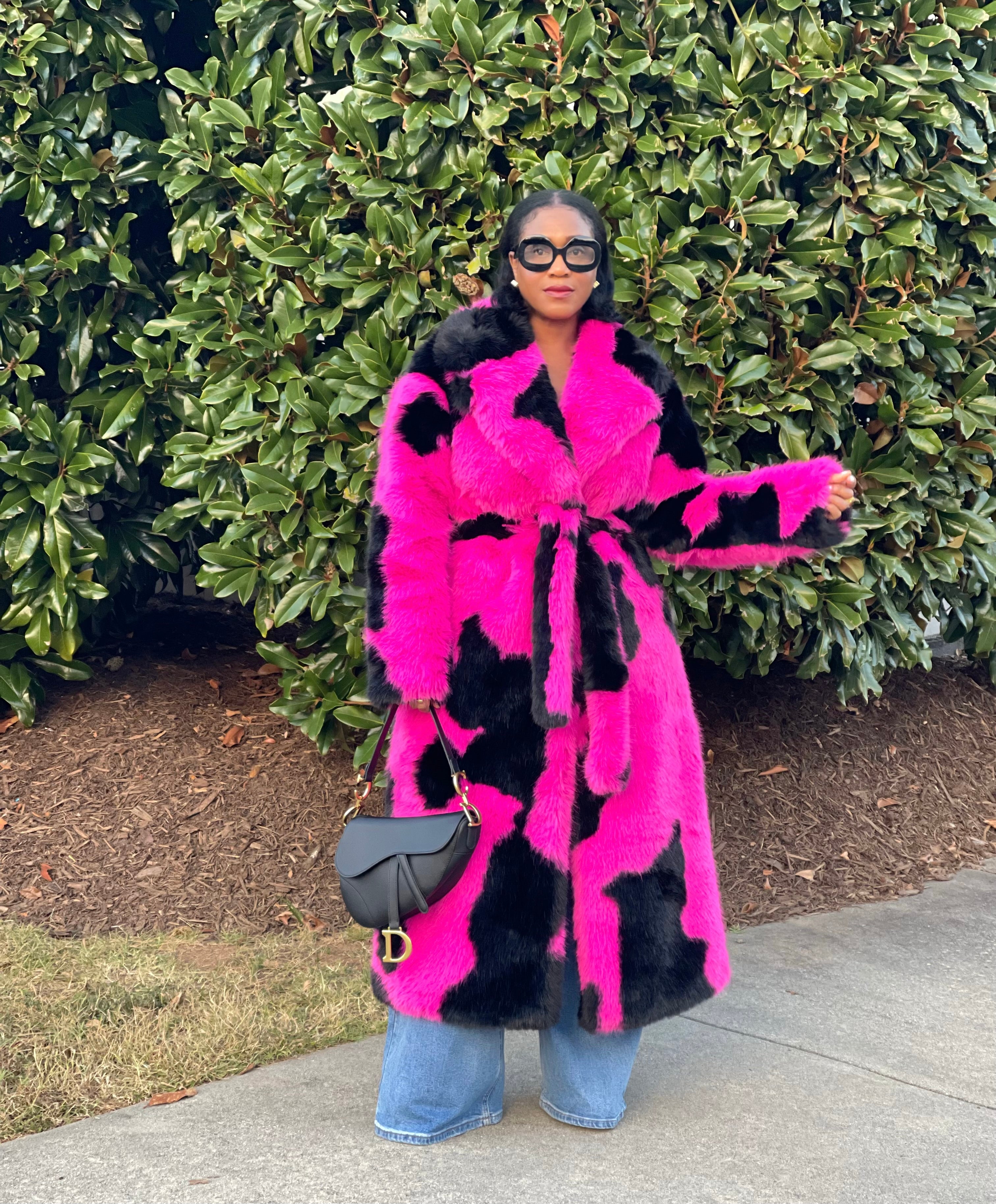 GOLDxTEAL gorgeous pink and black faux fur coat.