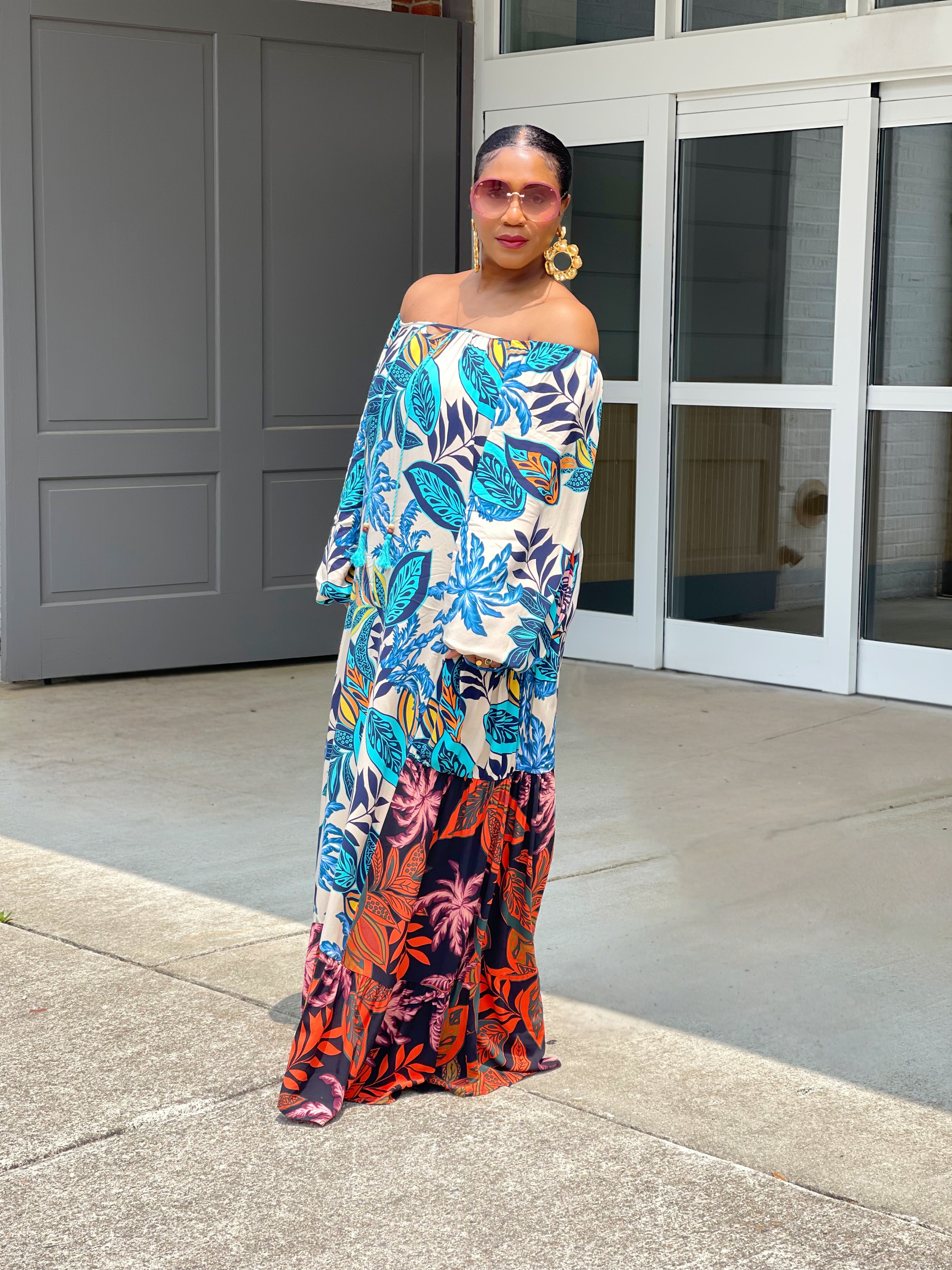 GOLDxTEAL colorful printed paneled maxi dress.