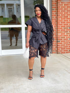 GOLDxTEAL black lace bermuda style shorts.