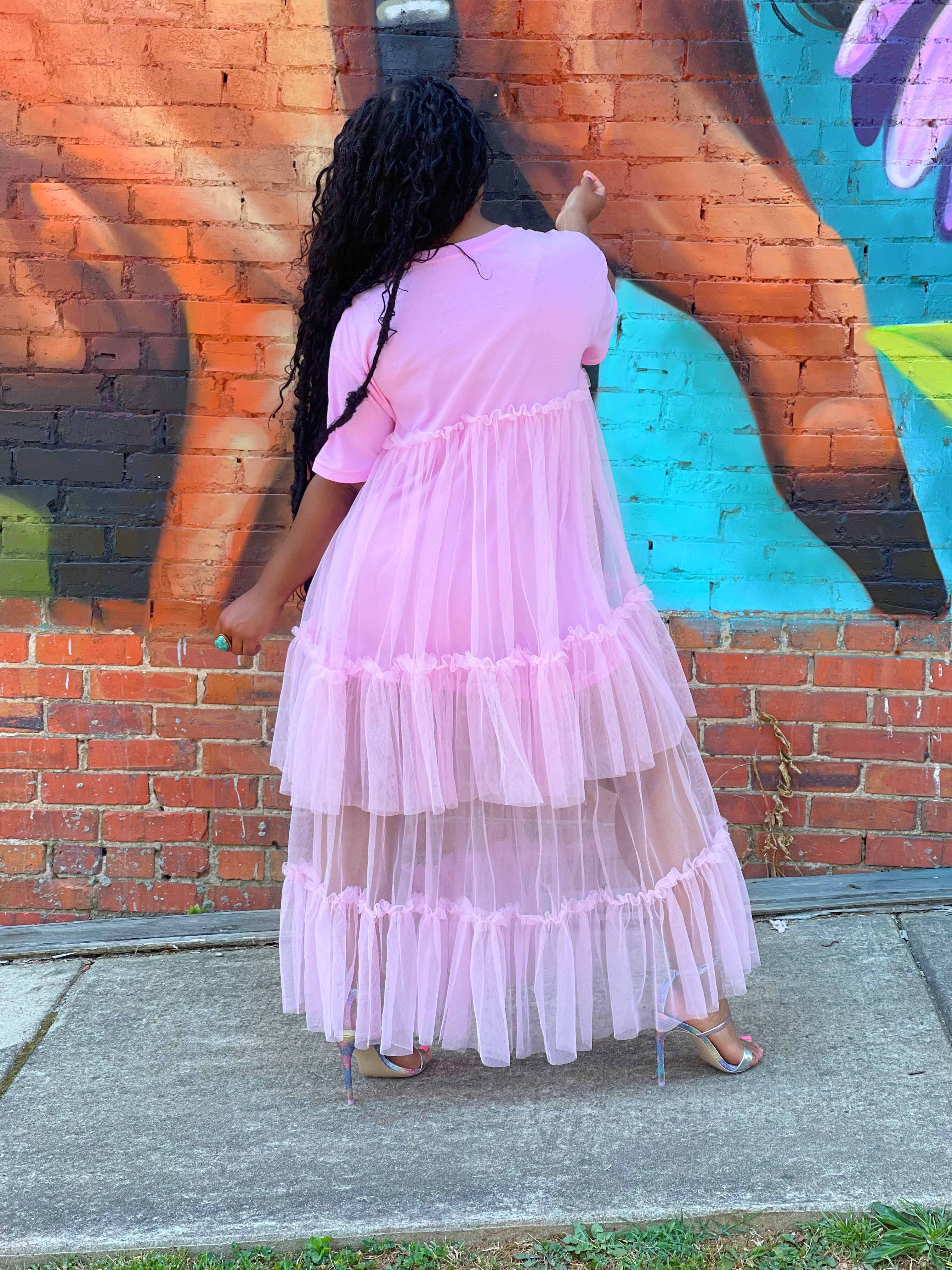 GOLDxTEAL stylish pink tulle t-shirt dress.