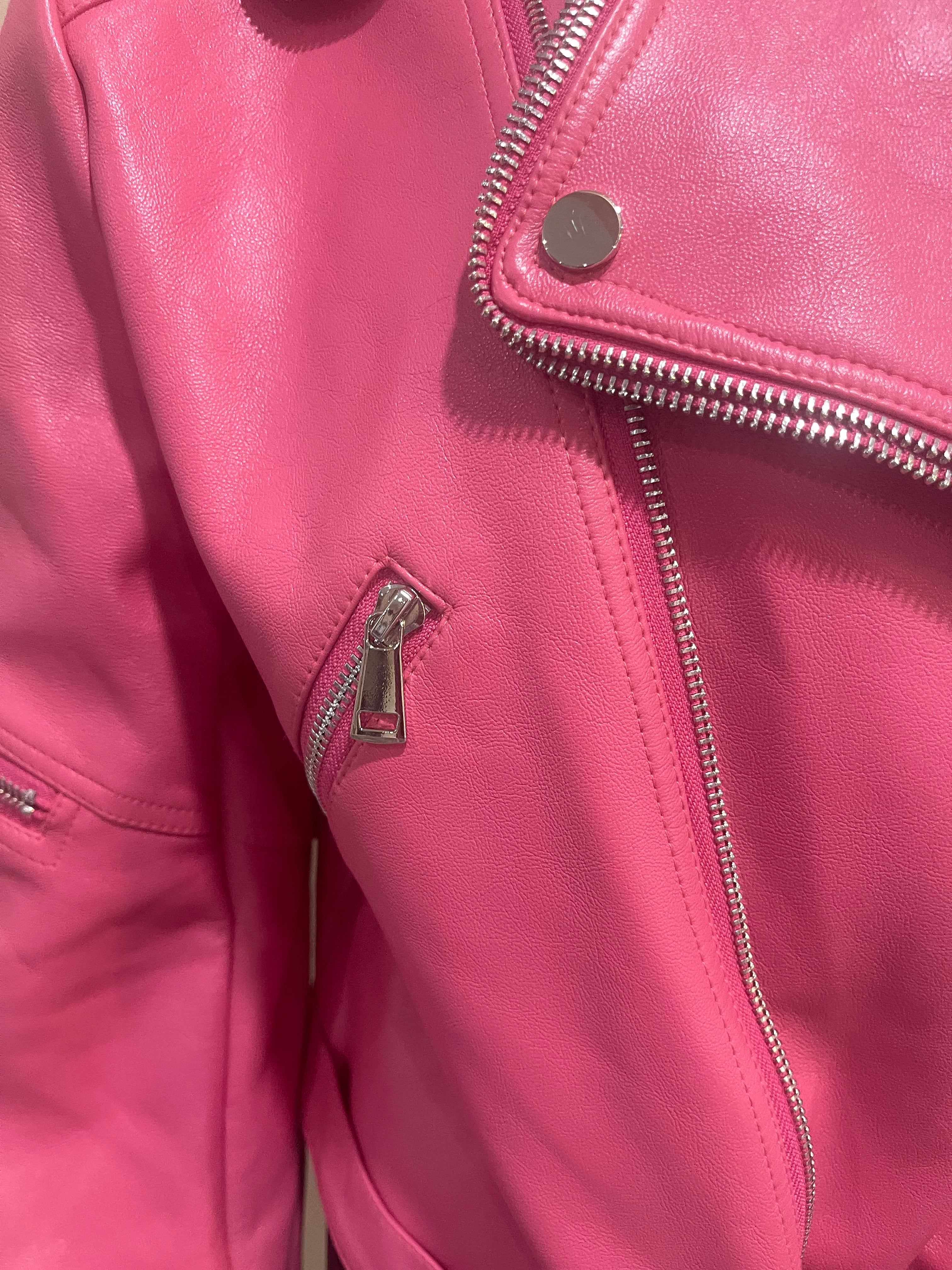 GOLDxTEAL pink vegan leather jacket.