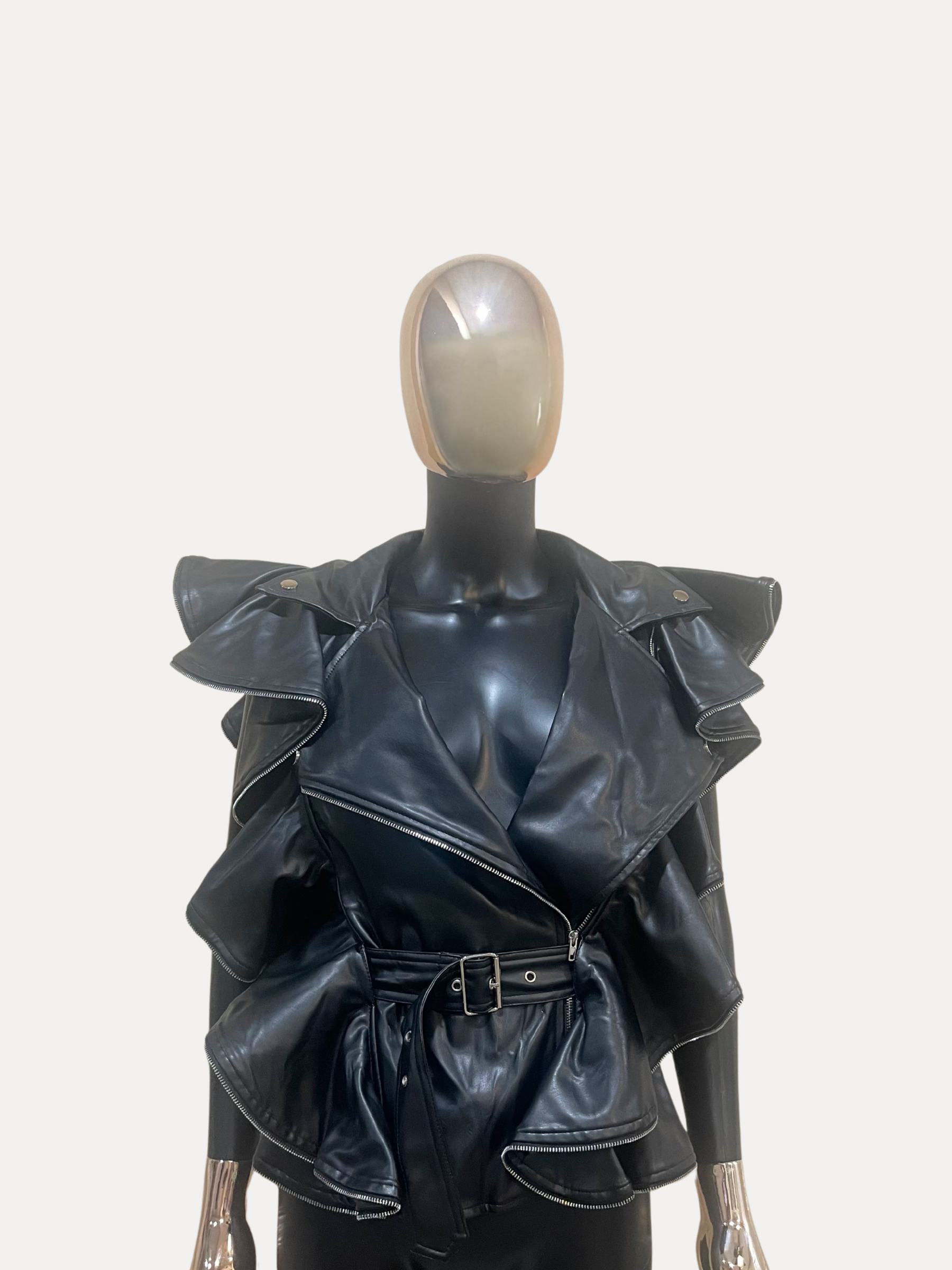 GOLDxTEAL black vegan leather jacket accented with ruffles.