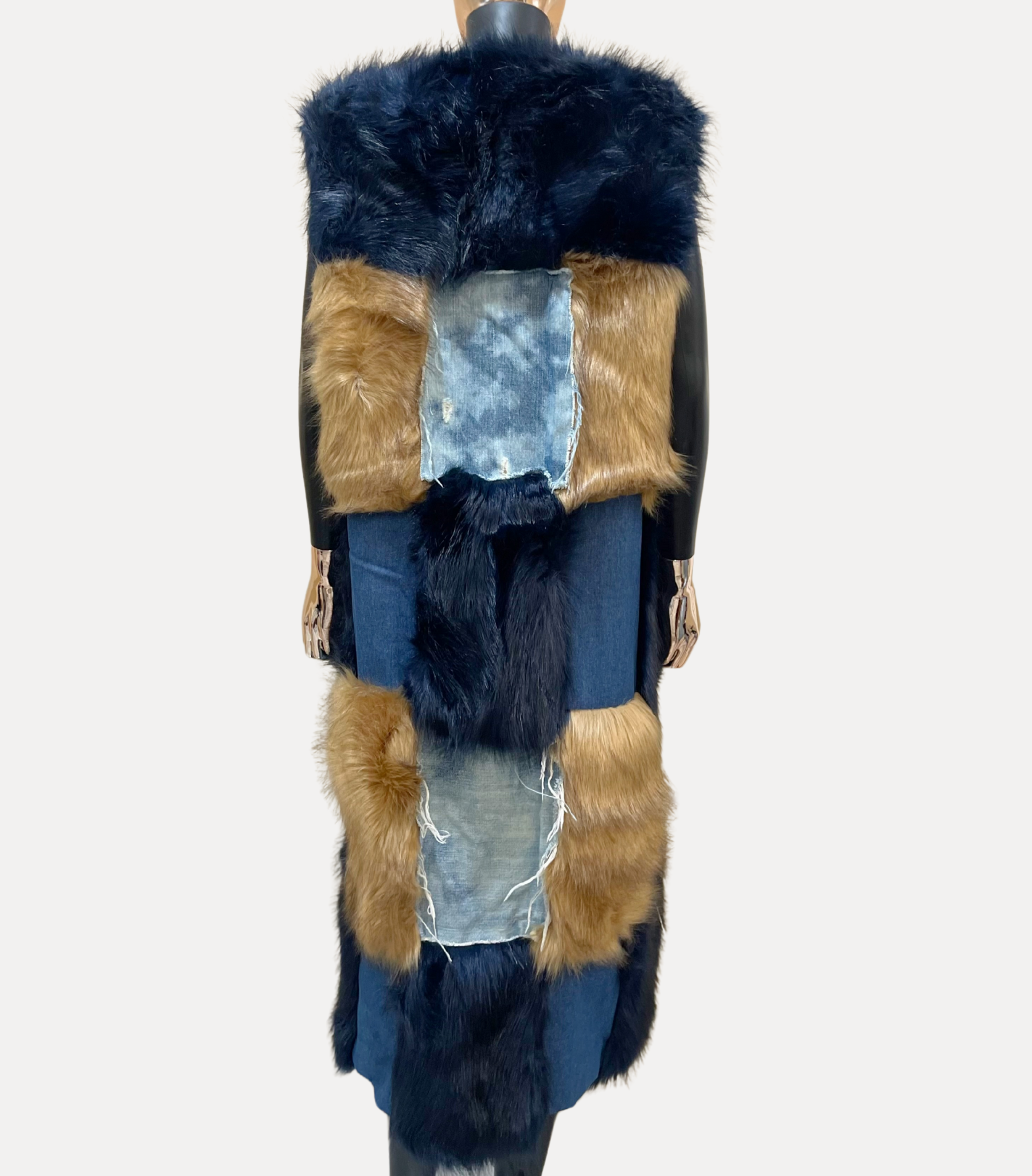 GOLDxTEAL denim and faux fur vest coat.