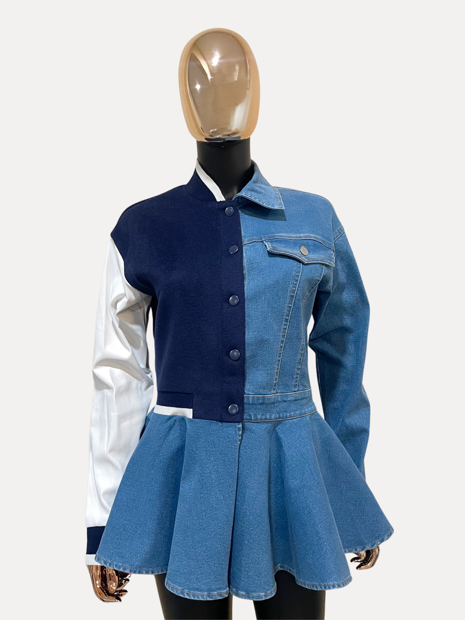 GOLDxTEAL unique and stylish fitted denim varsity style jacket with peplum bottom.