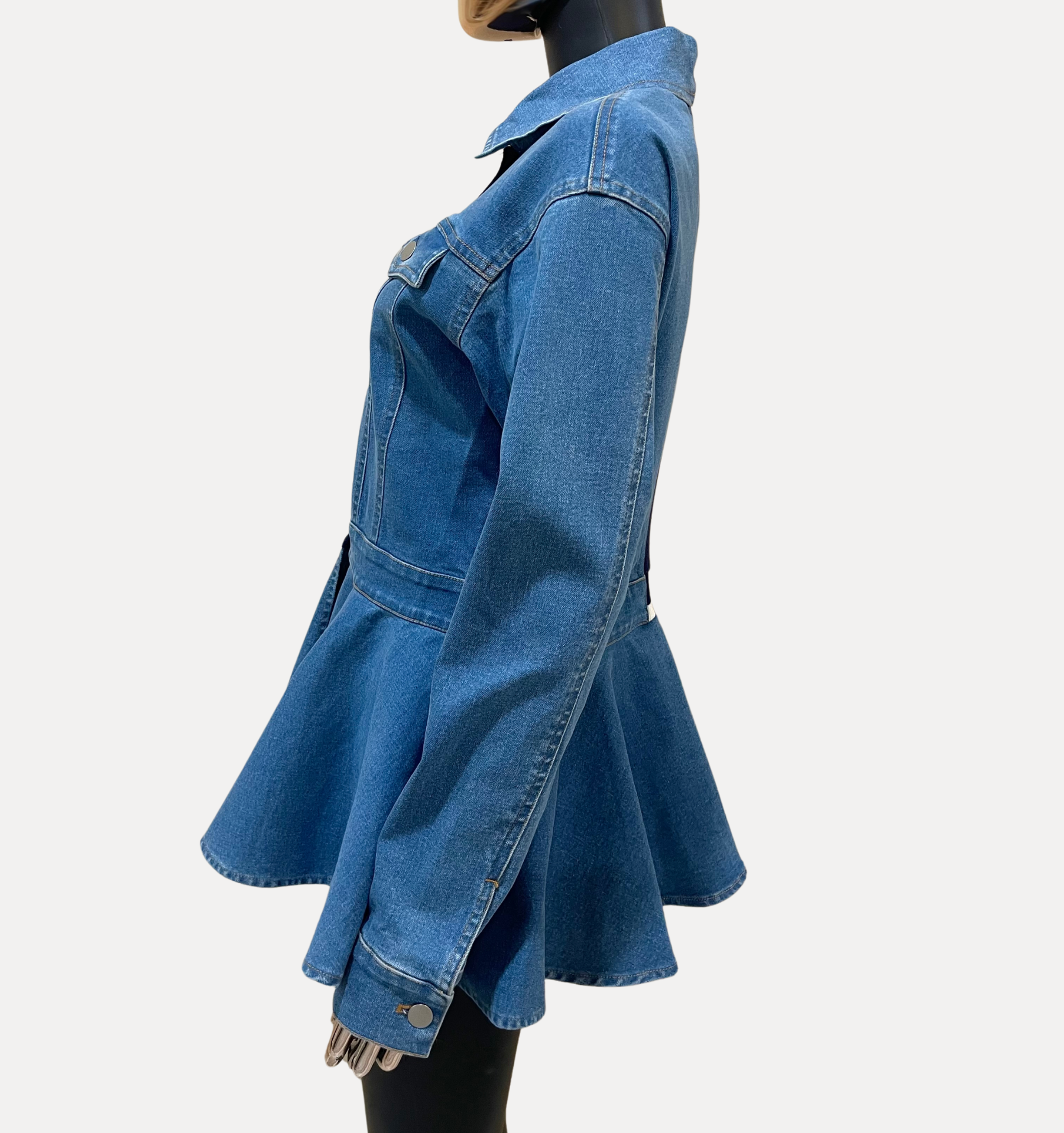 GOLDxTEAL unique and stylish fitted denim varsity style jacket with peplum bottom.