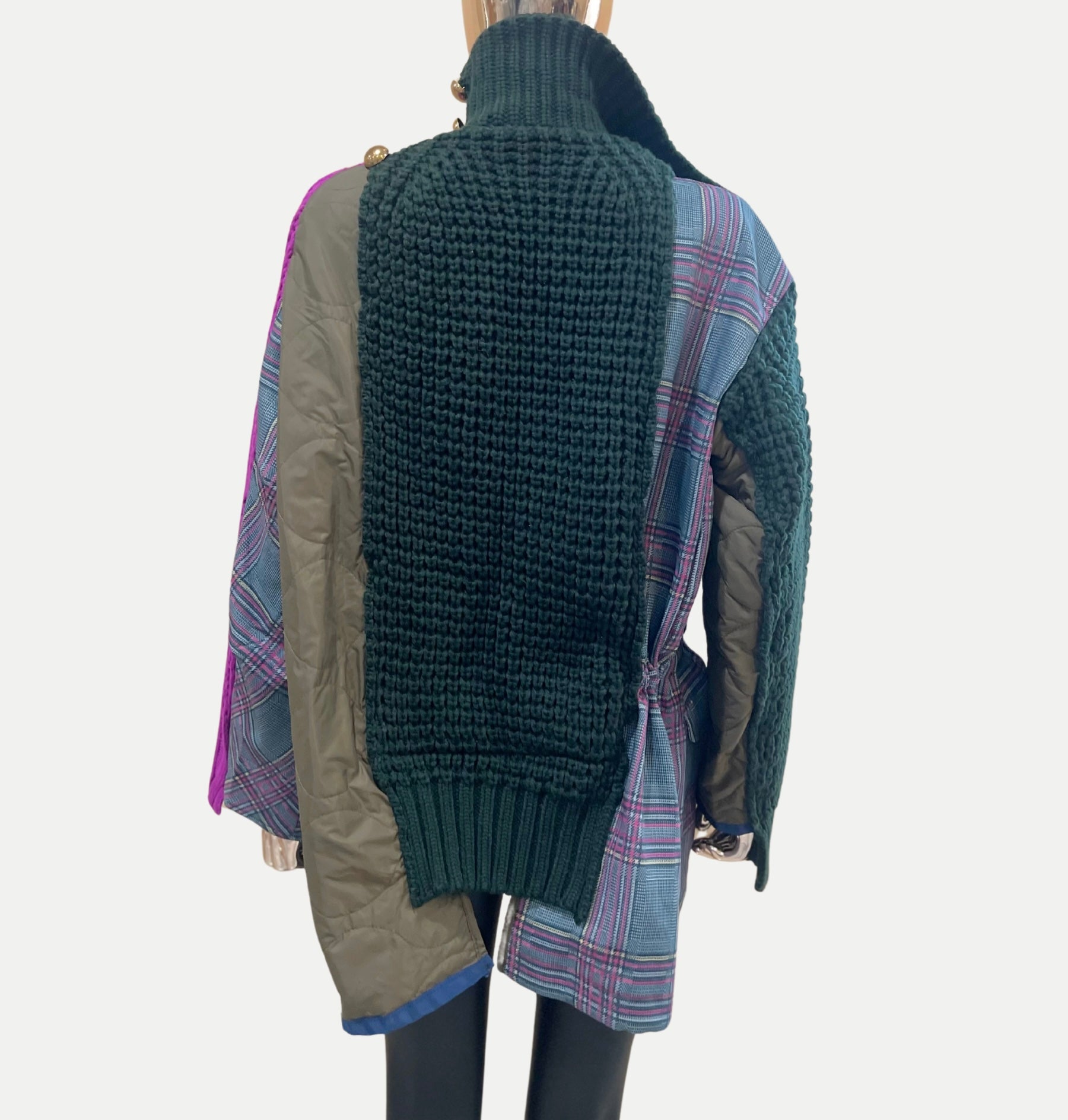 GOLDxTEAL stylish patchwork paneled knitted and padded nylon jacket.