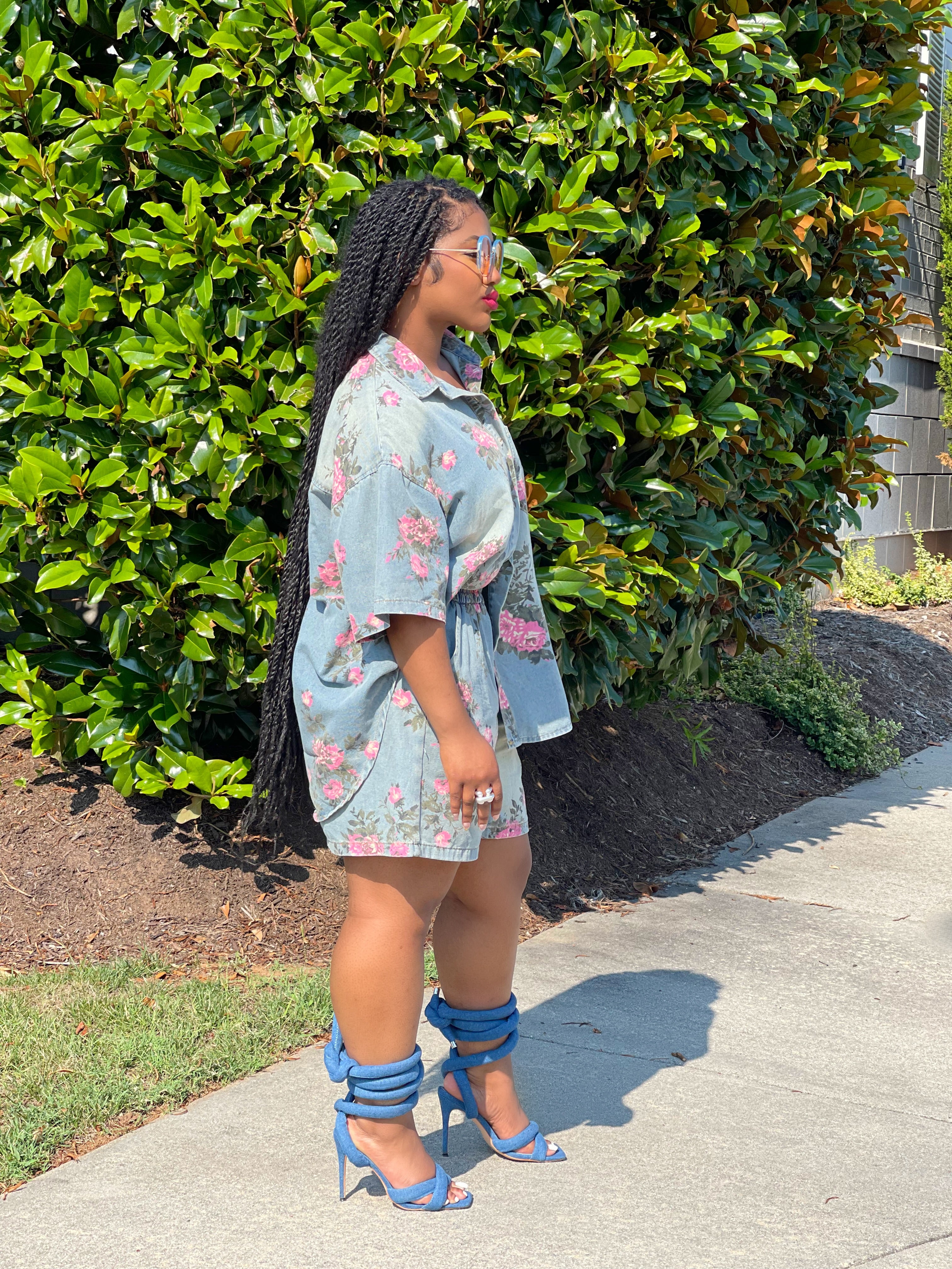 GOLDxTEAL vintage floral print wide leg denim shorts.