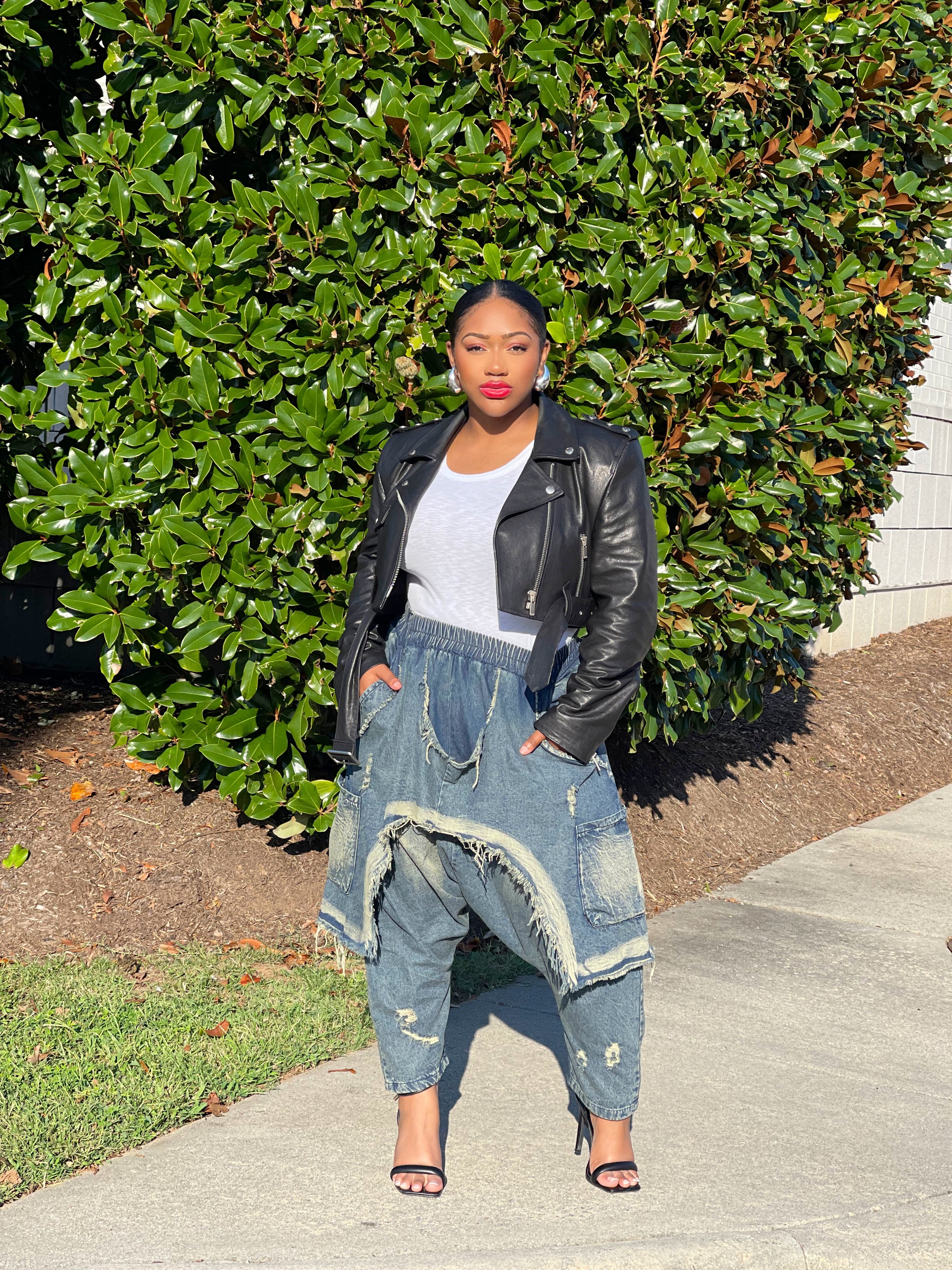 GOLDxTEAL distressed drop slouch jeans.