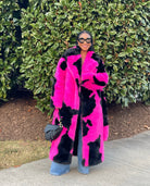 GOLDxTEAL gorgeous pink and black faux fur coat.