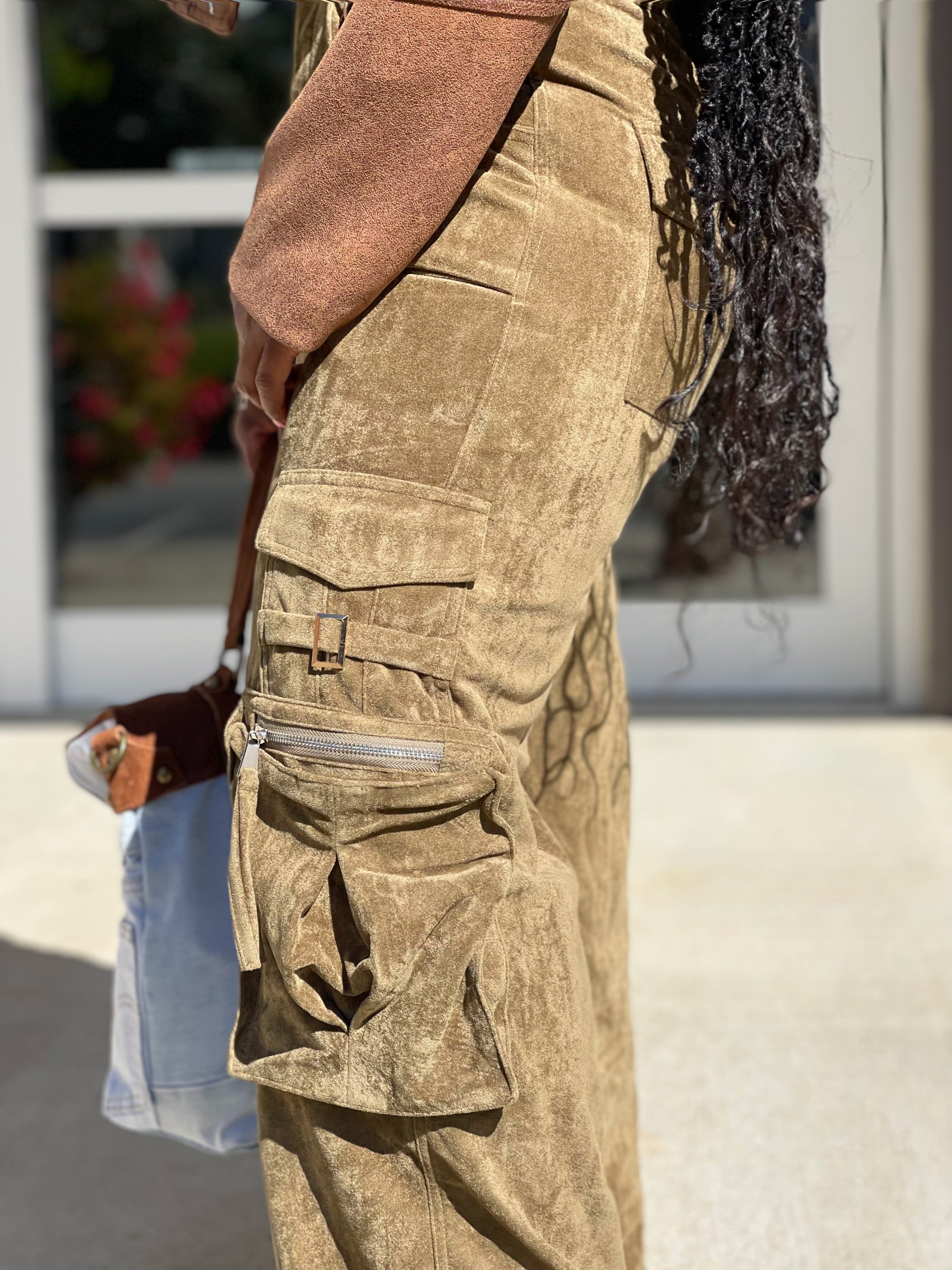 GOLDxTEAL brown vegan suede wide leg cargo pants.