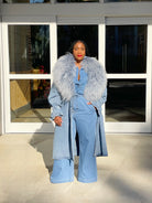 GOLDxTEAL denim and fur collar trench coat.