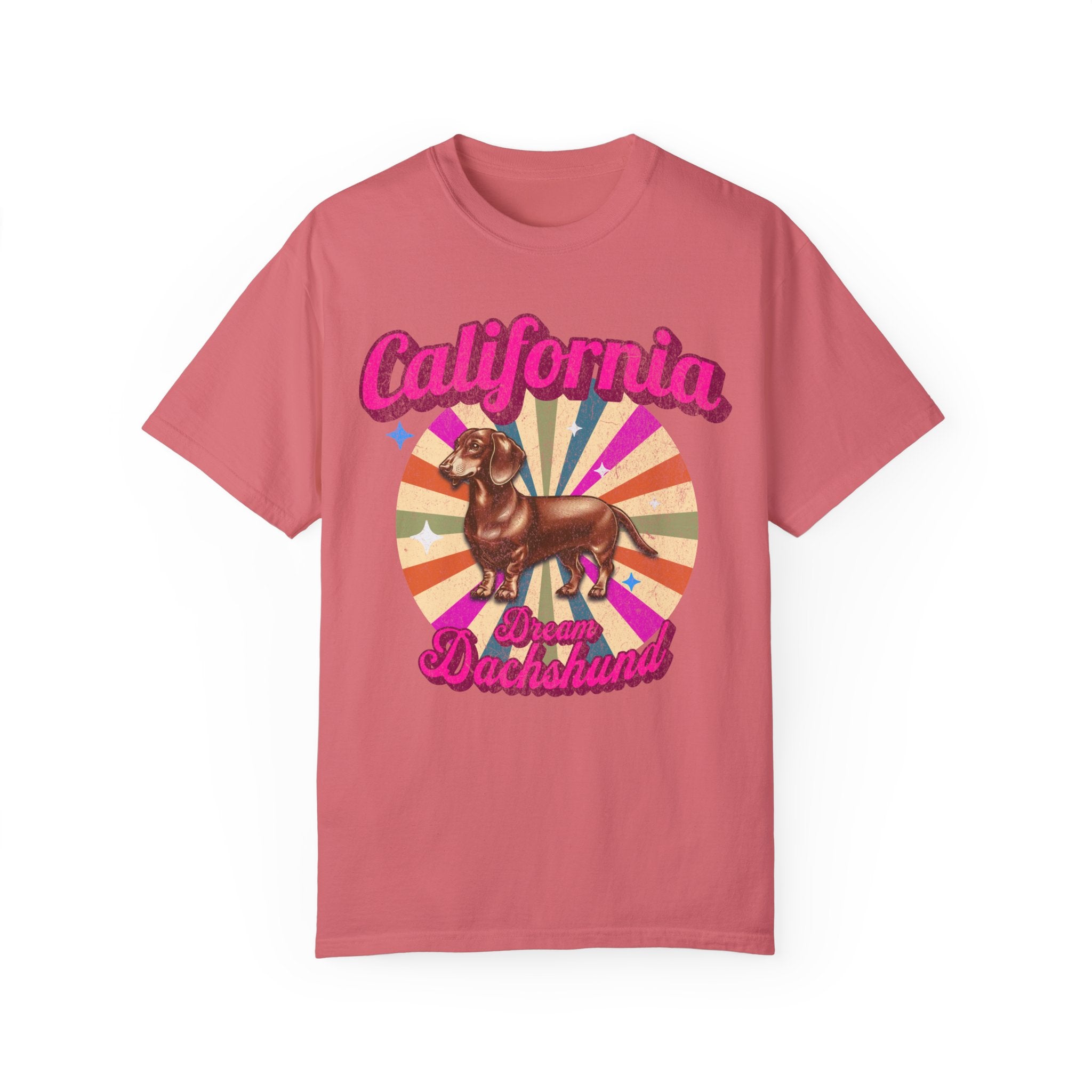 GOLDxTEAL colorful California Dream Dachshund graphic t-shirt.