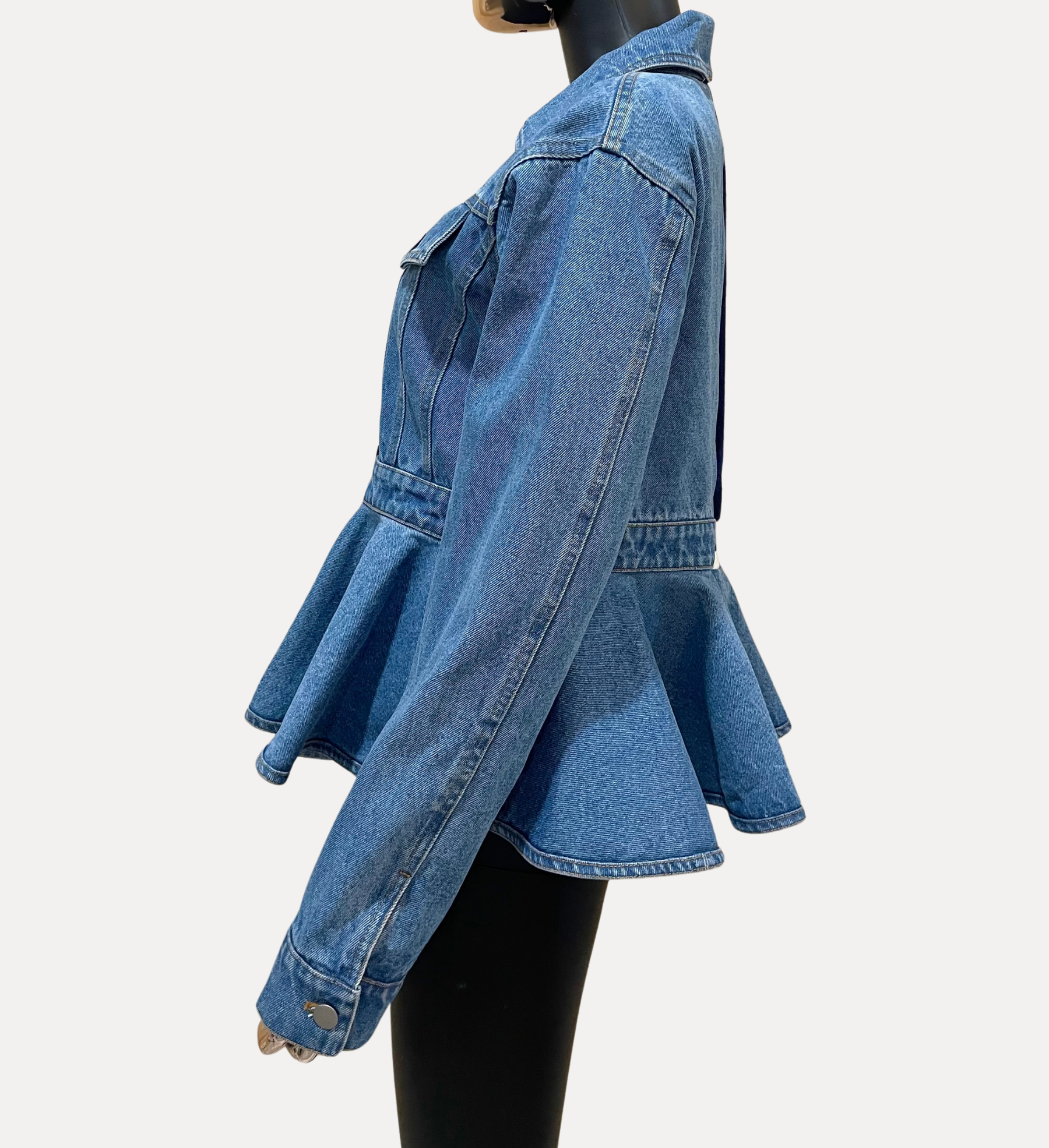 GOLDxTEAL denim paneled peplum jacket.