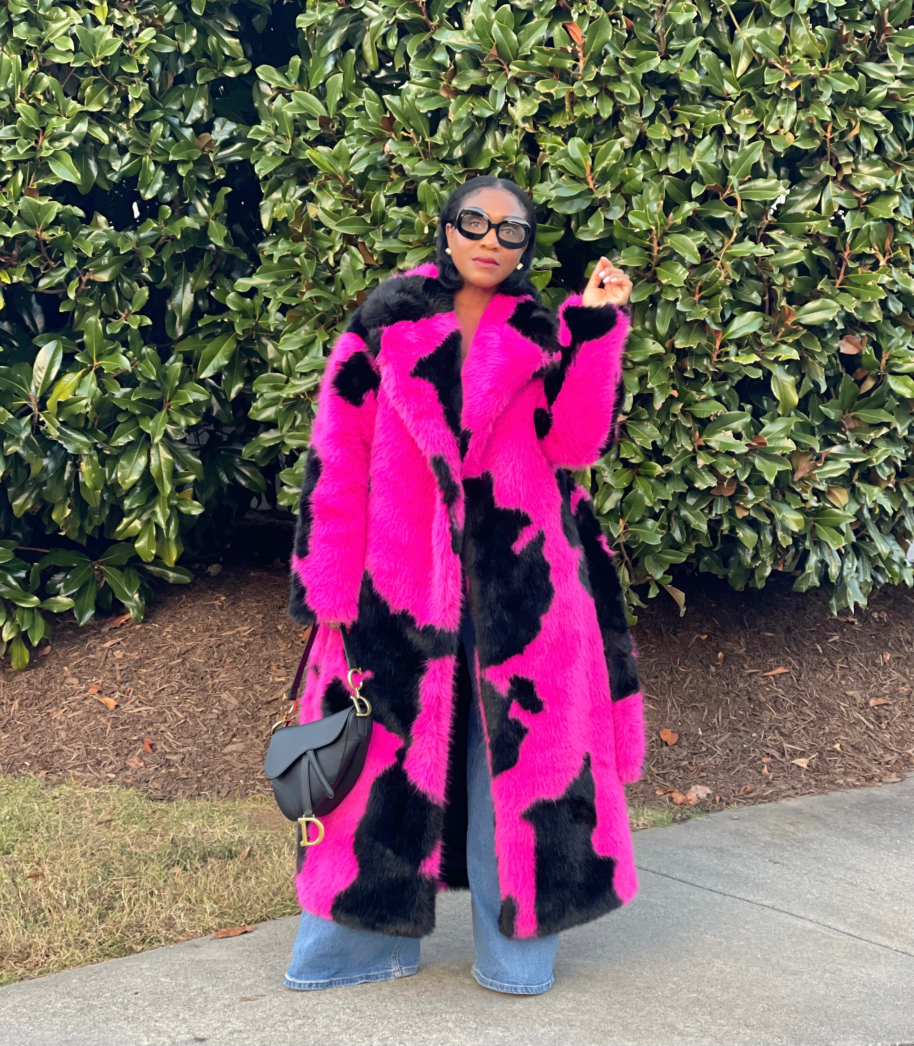 GOLDxTEAL gorgeous pink and black faux fur coat.