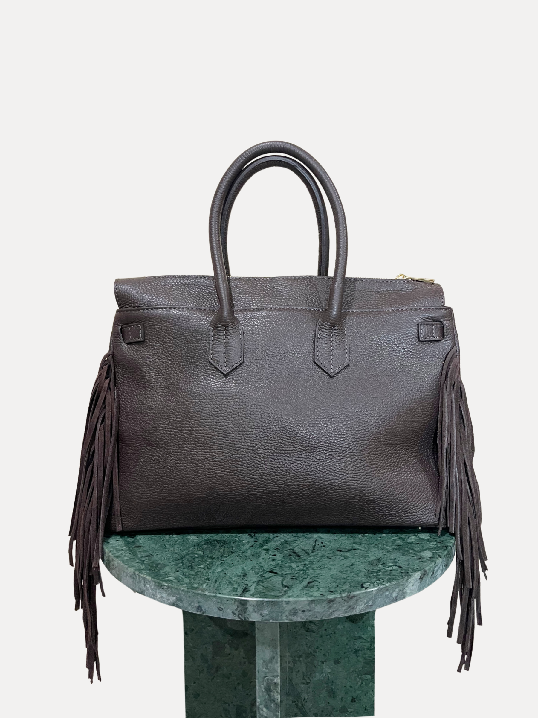 GOLDxTEAL Timeless pebbled leather fringe handbag. Made in Italy.