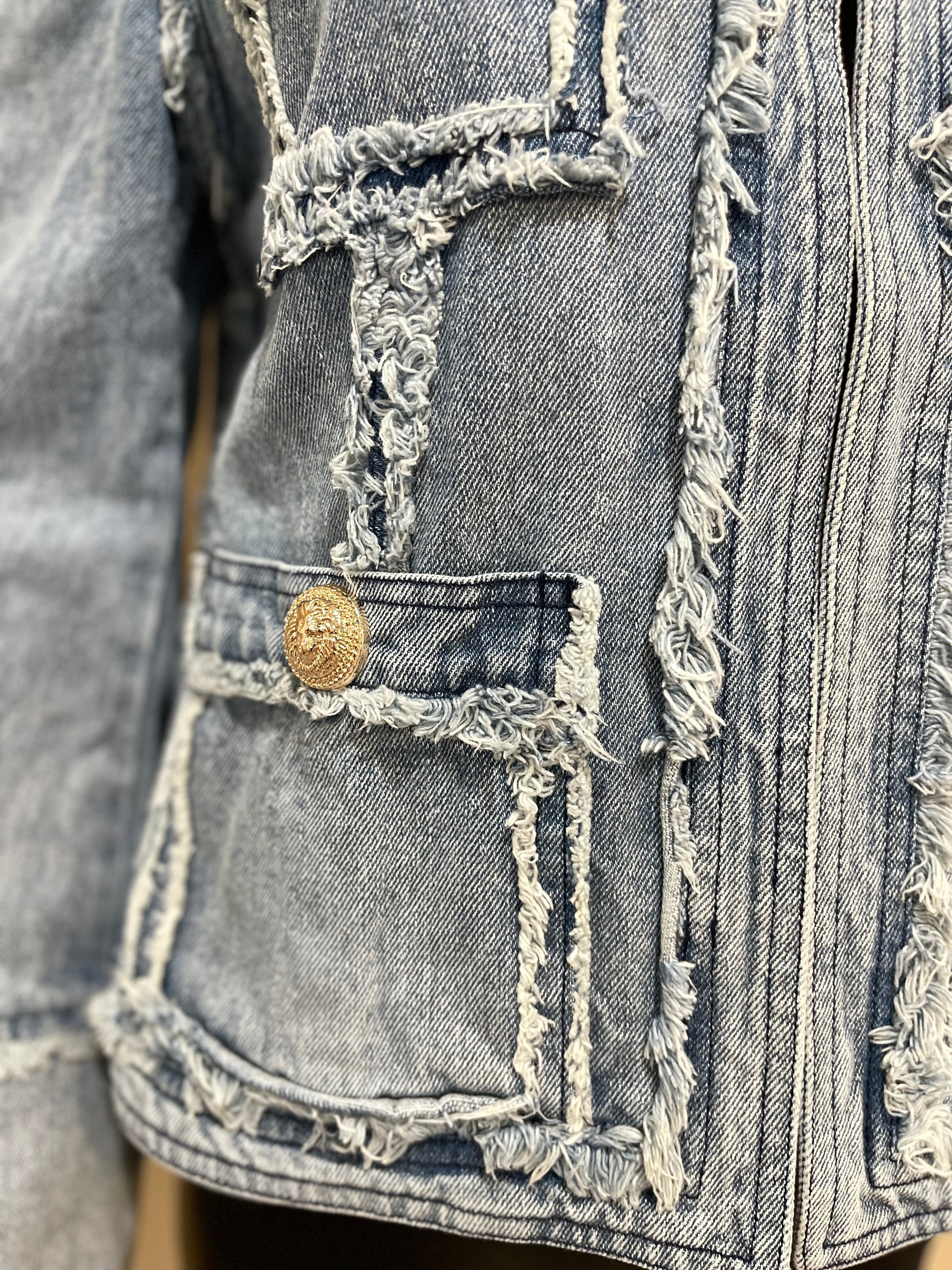 GOLDxTEAL denim blazer top with frayed trimming.