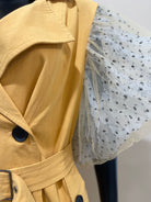 GOLDxTEAL sheer puff sleeve trench coat.