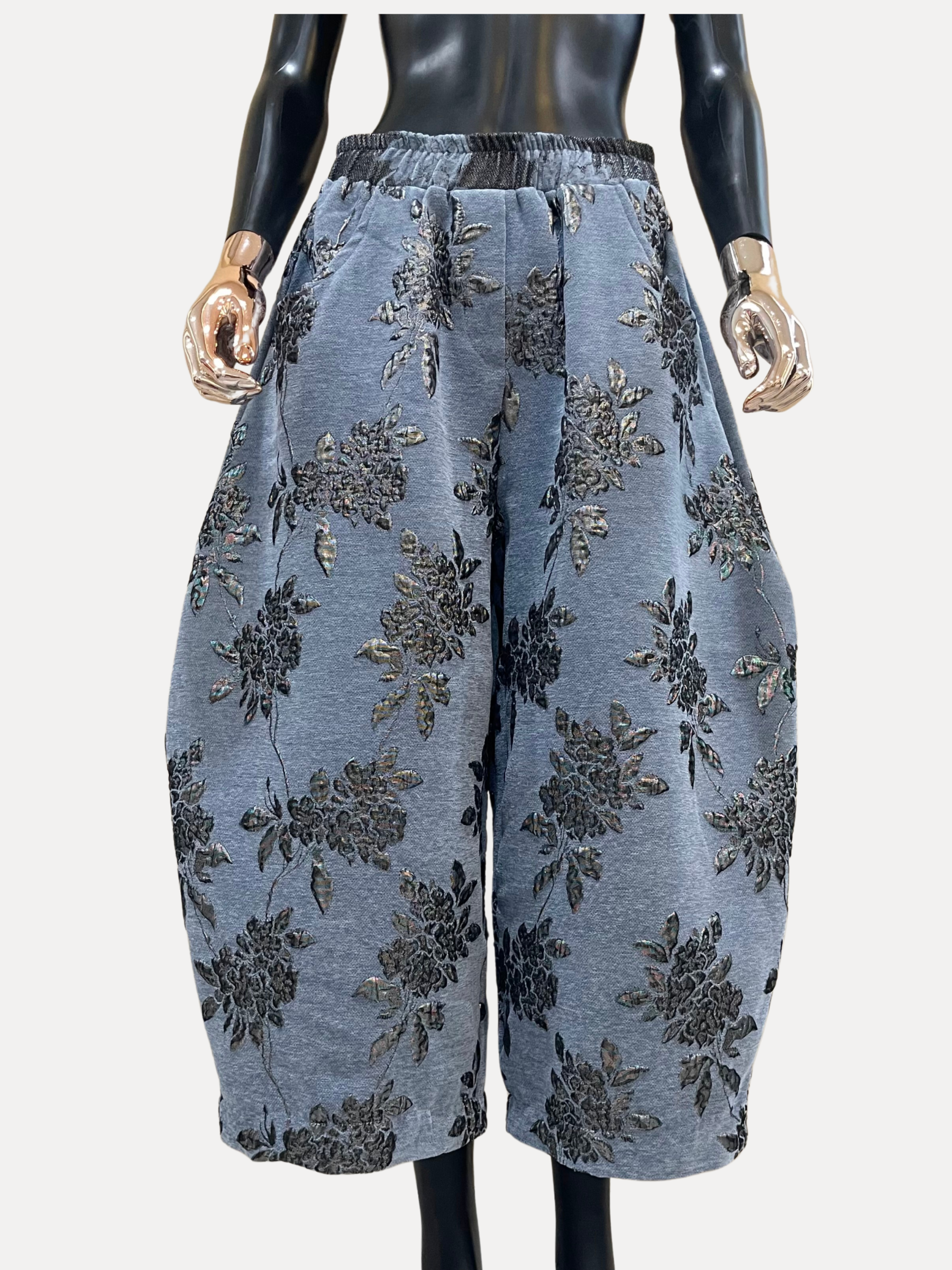 GOLDxTEAL stylish and unique soft brocade barrel ankle pants.