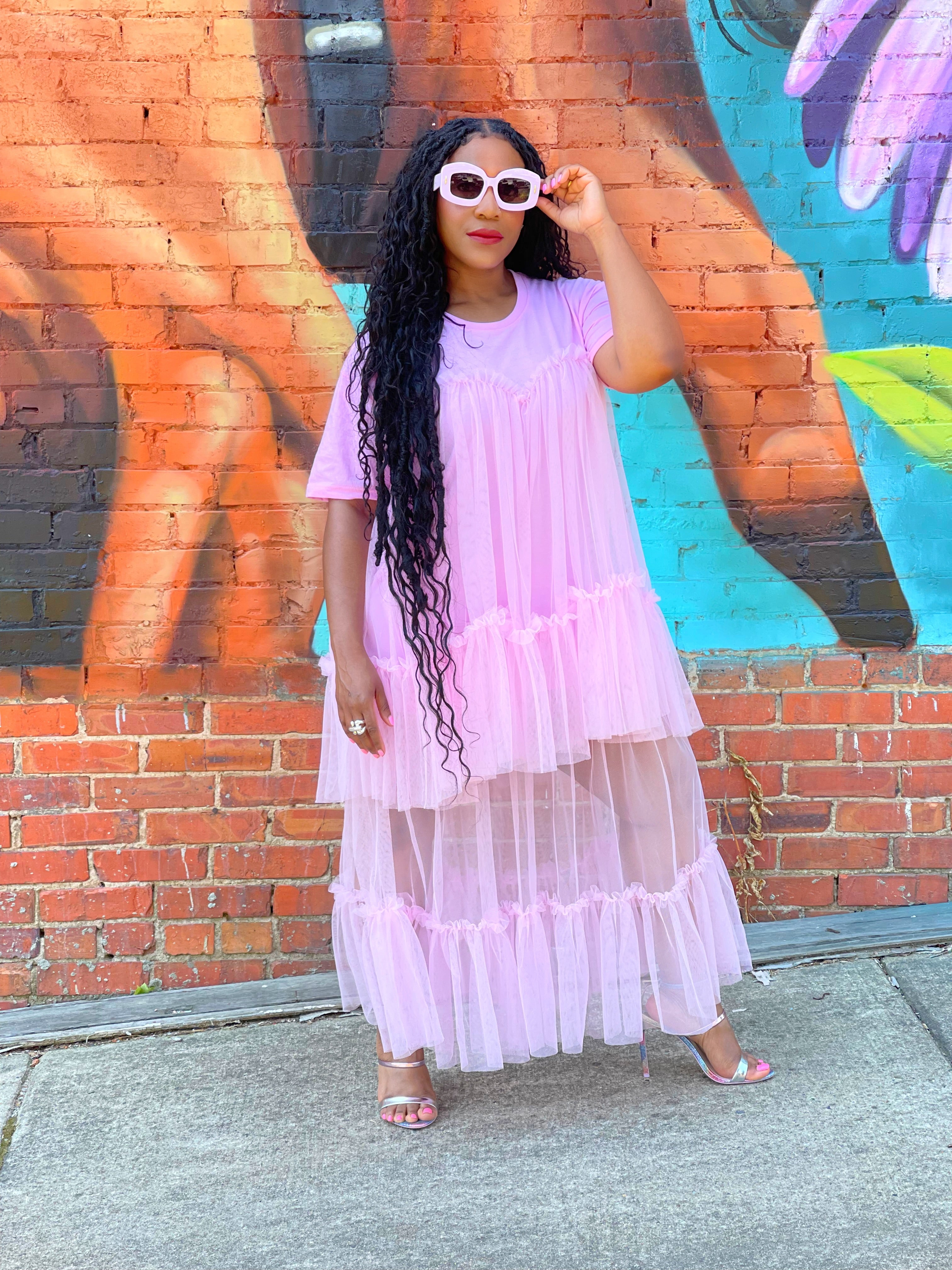 GOLDxTEAL stylish pink tulle t-shirt dress.