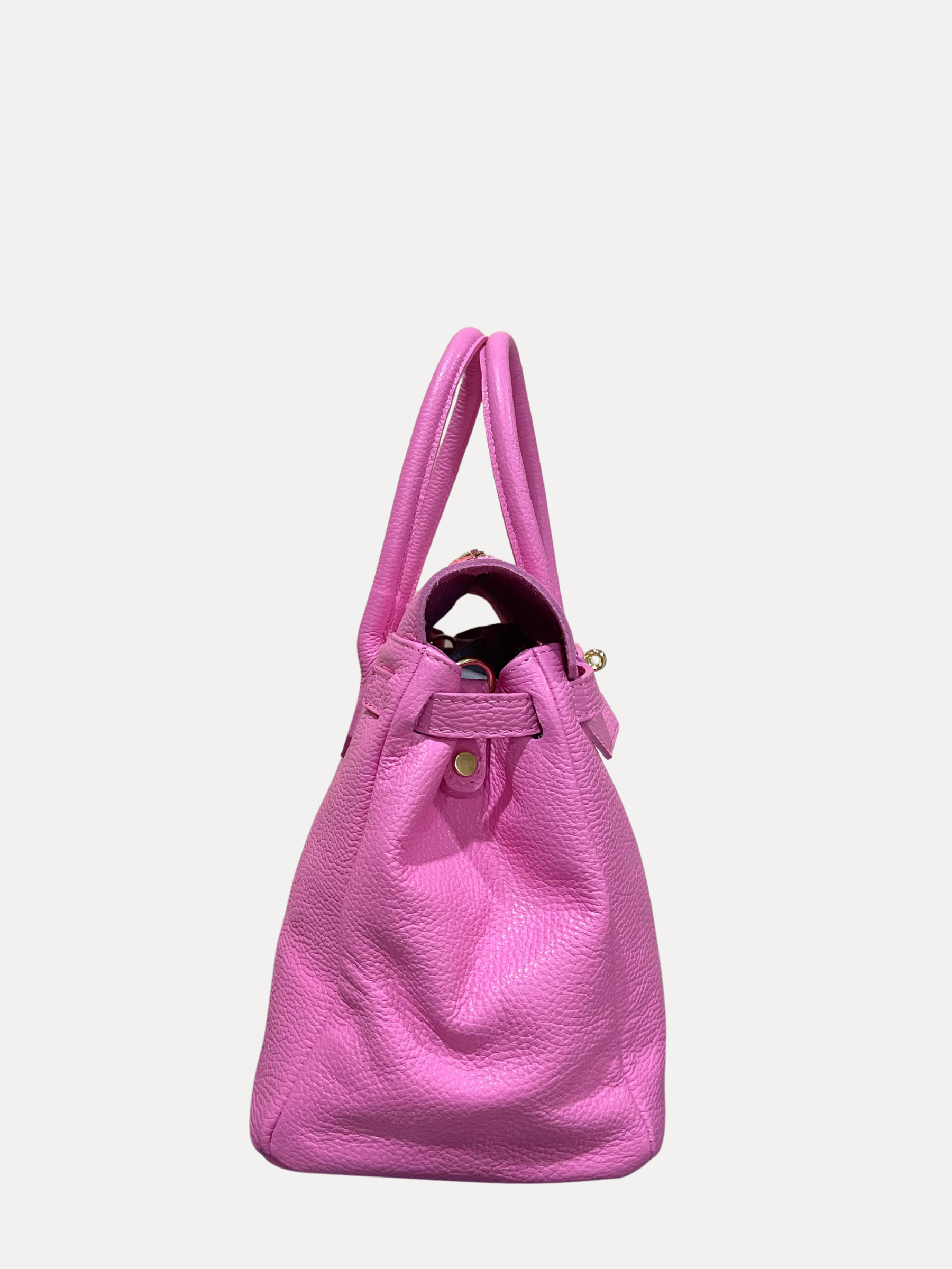 GOLDxTEAL classic pink pebbled leather handbag.