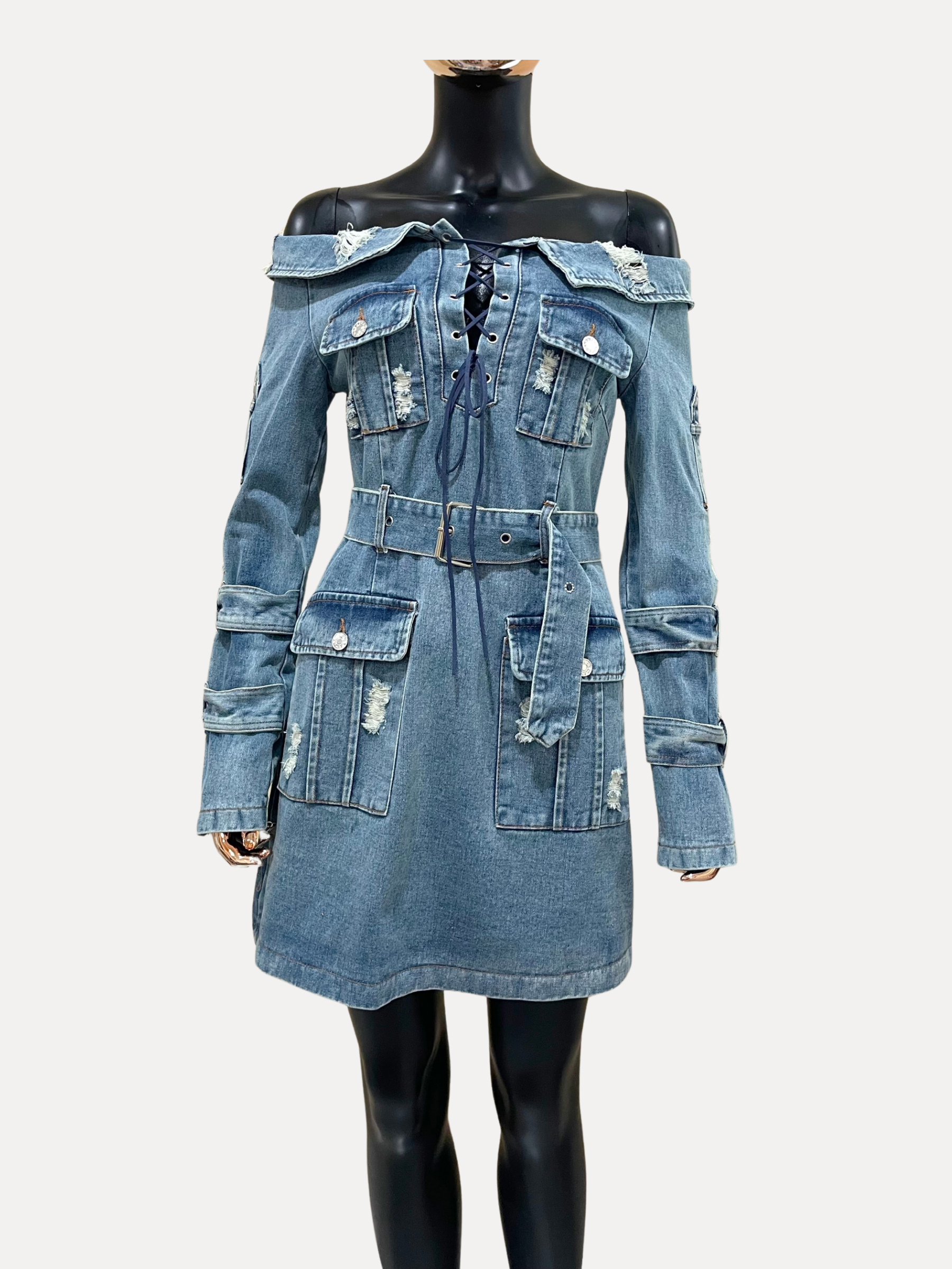 GOLDxTEAL stylish denim mini dress dress with cargo pockets.