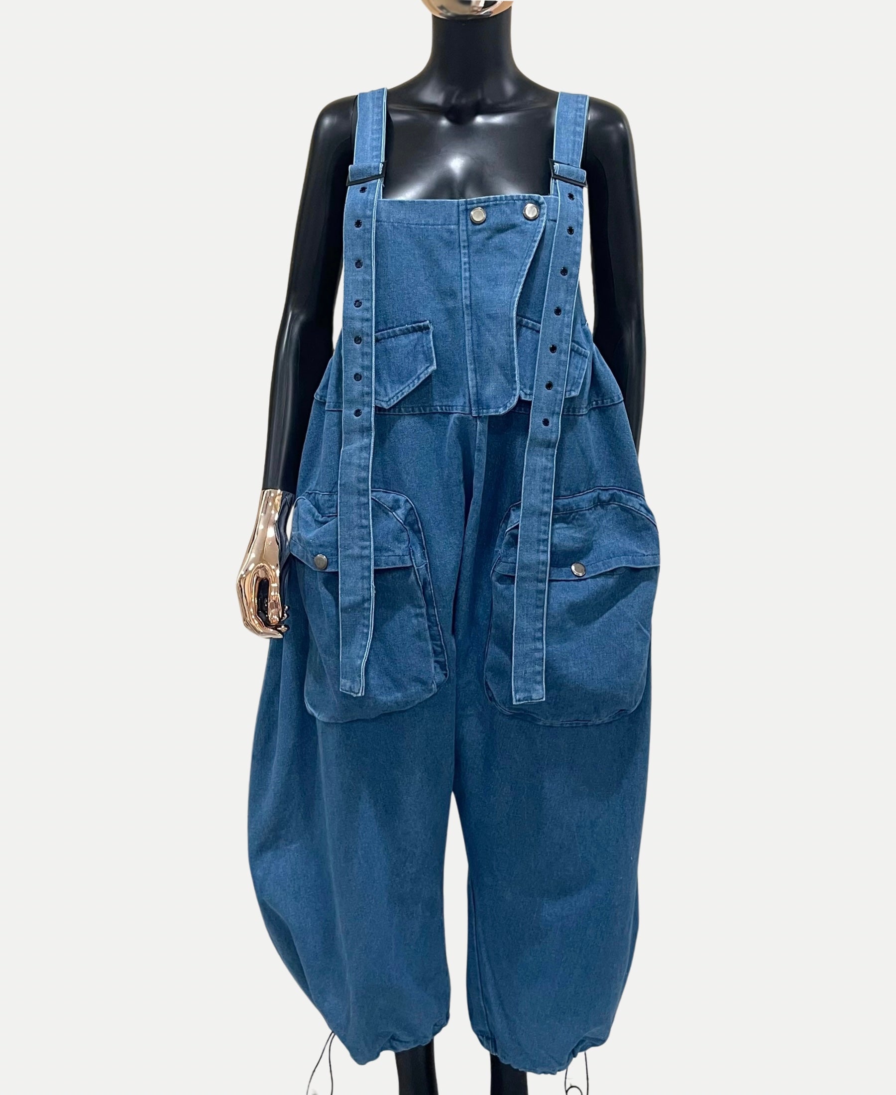 GOLDxTEAL denim blue oversized jumpsuit.