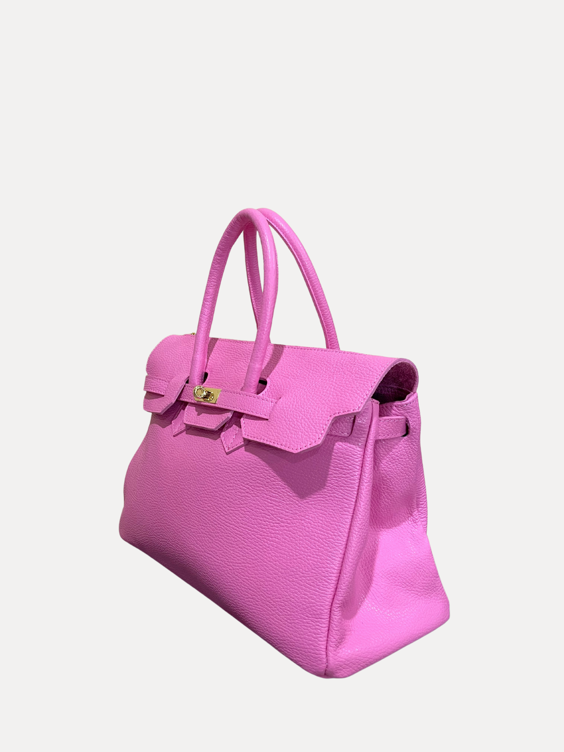 GOLDxTEAL classic pink pebbled leather handbag.