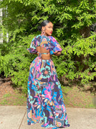 GOLDxTEAL colorful printed ruffle maxi dress.