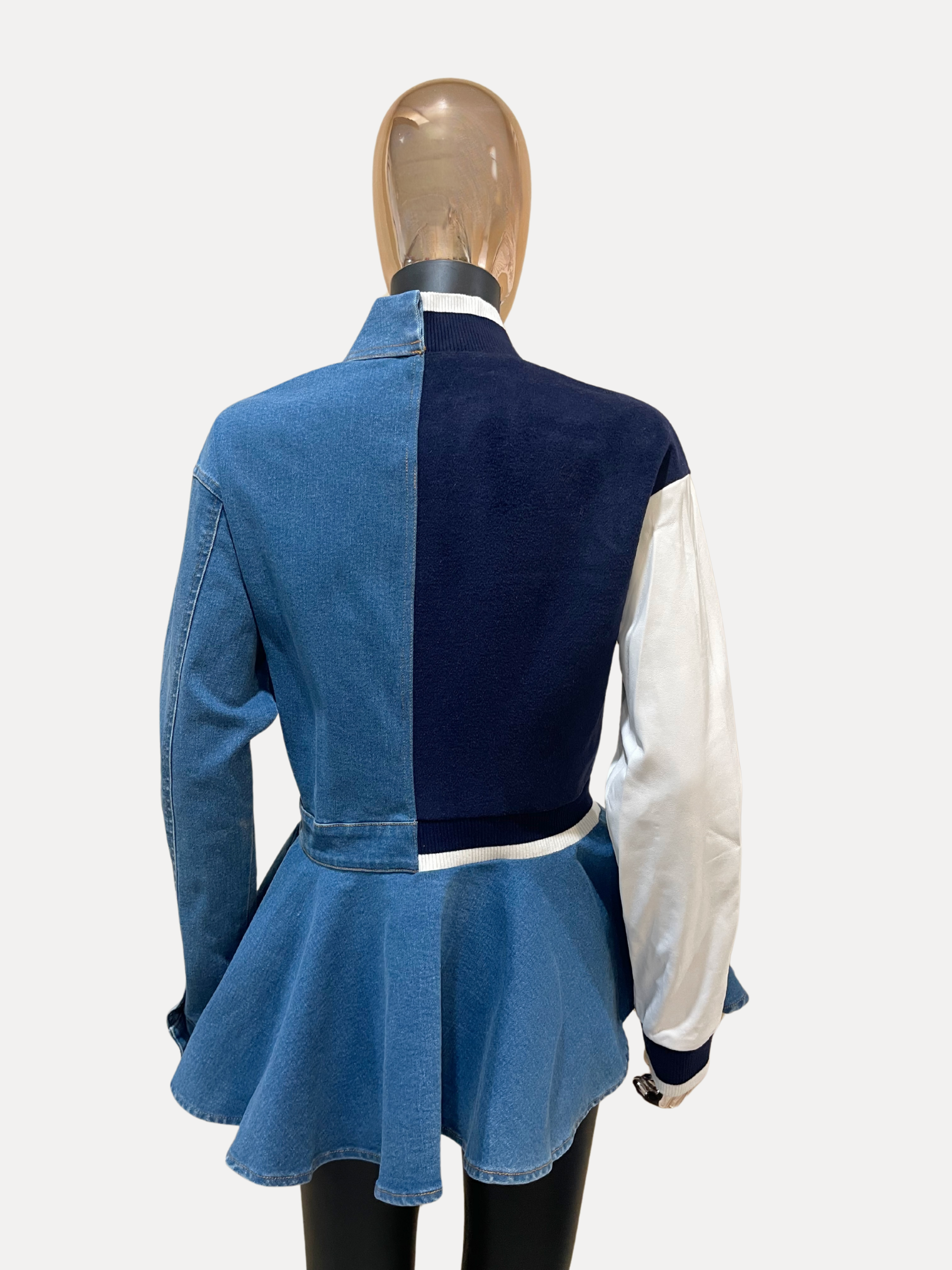 GOLDxTEAL unique and stylish fitted denim varsity style jacket with peplum bottom.