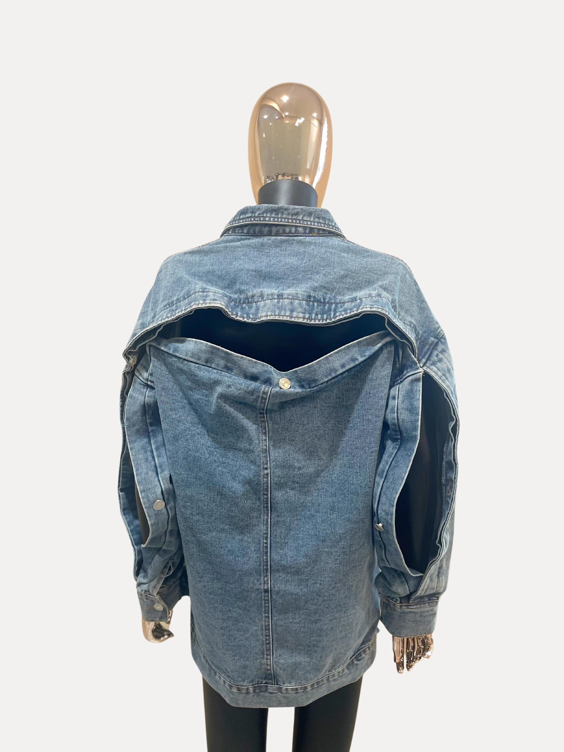 GOLDxTEAL stylish denim jacket with buttons on sleeves and back.