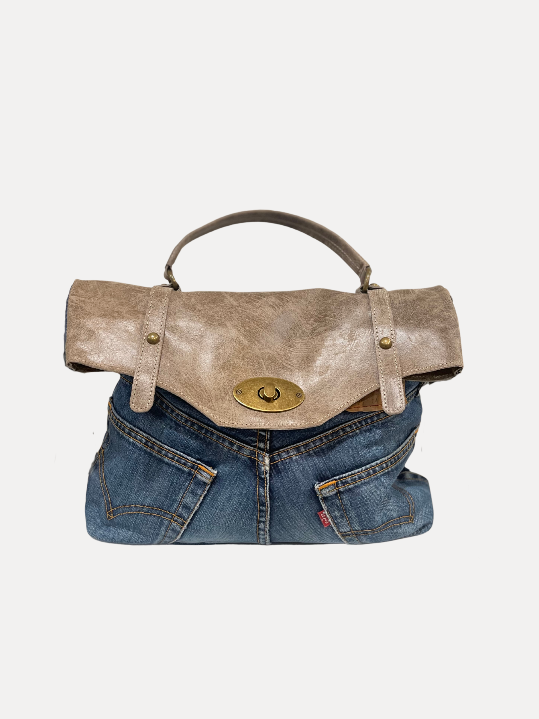 GOLDxTEAL stylish handmade taupe leather and denim handbag.