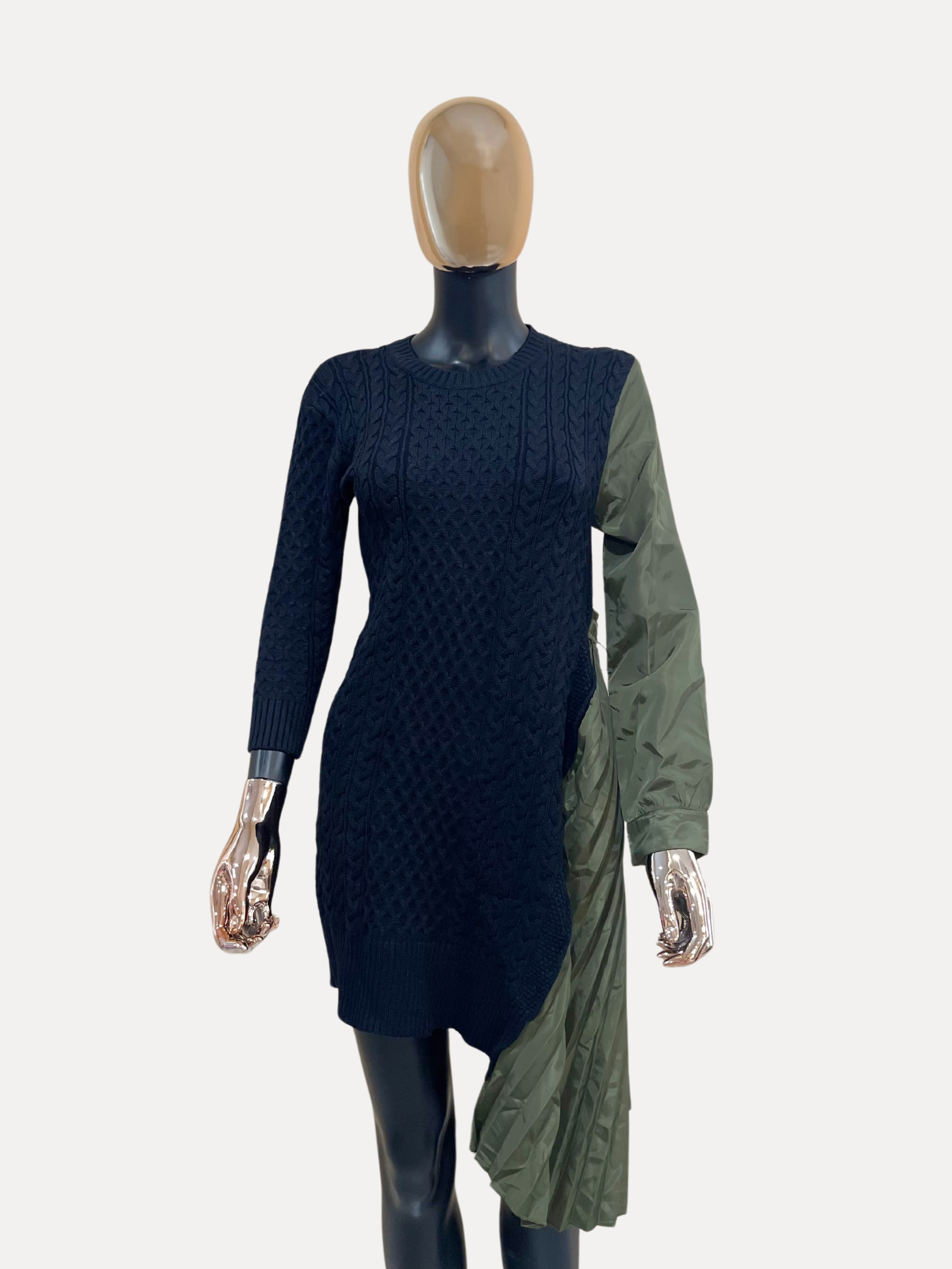 GOLDxTEAL stylish asymmetrical sweater dress with nylon pleated paneling.