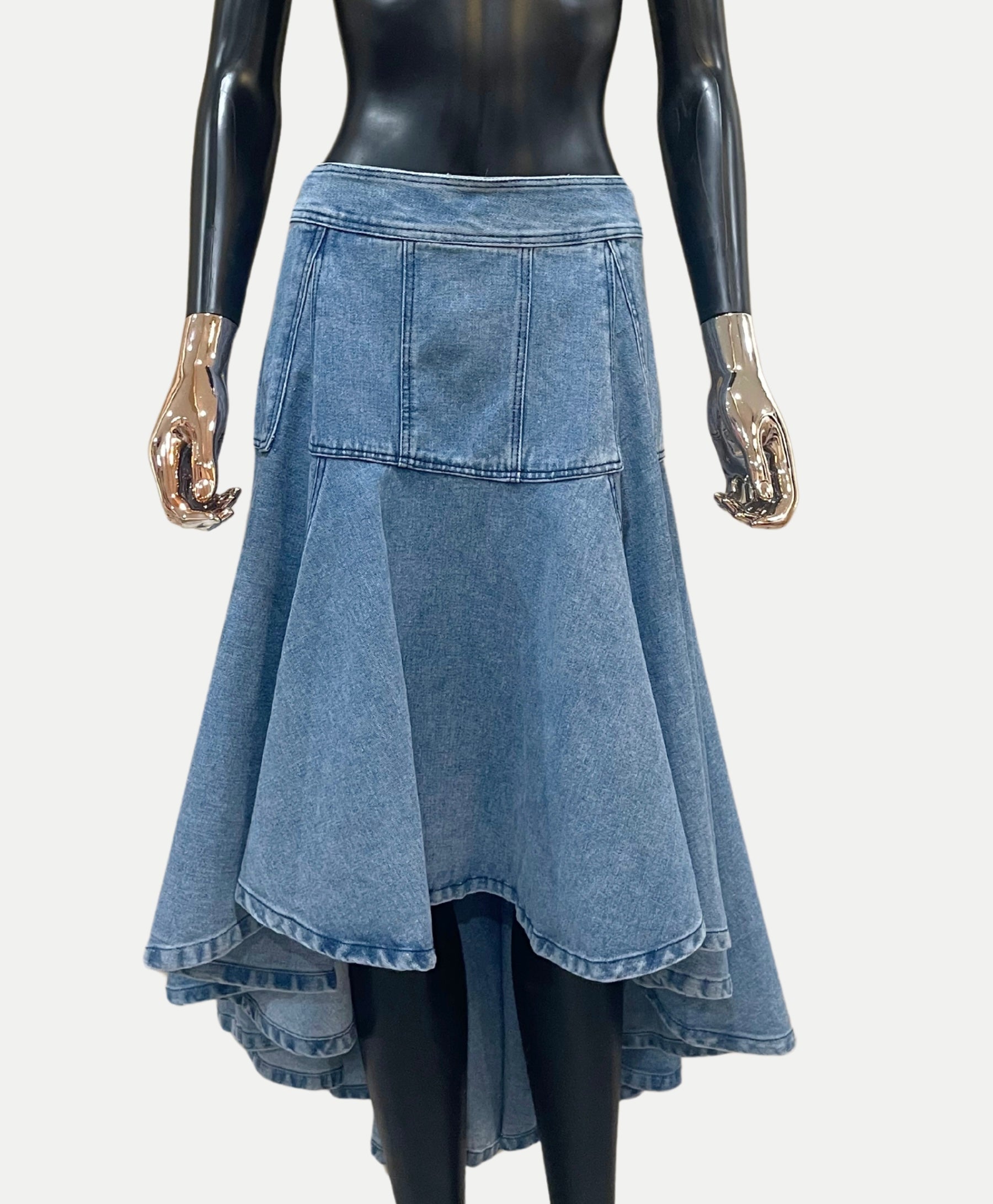 GOLDxTEAL pleated denim skirt.