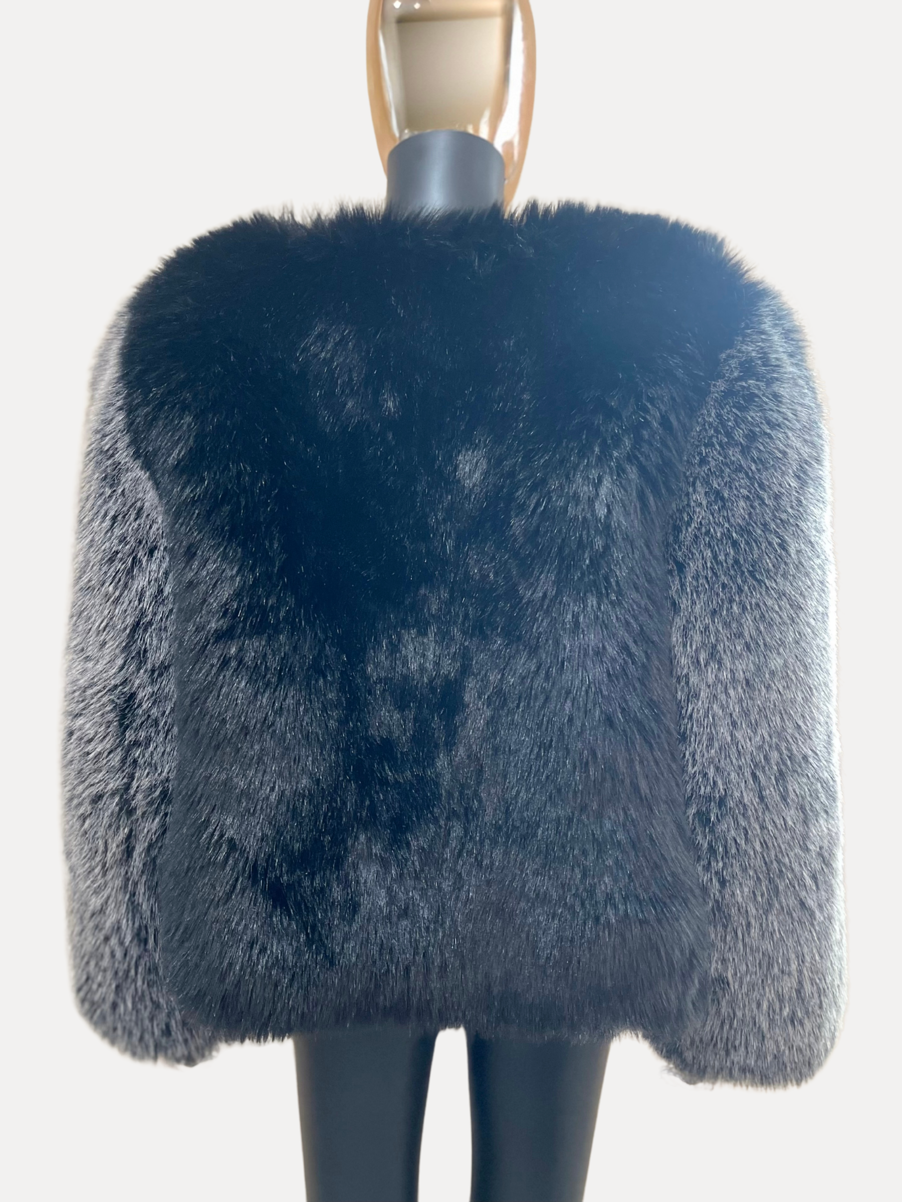 GOLDxTEAL stylish black and gray pepper faux fur jacket.